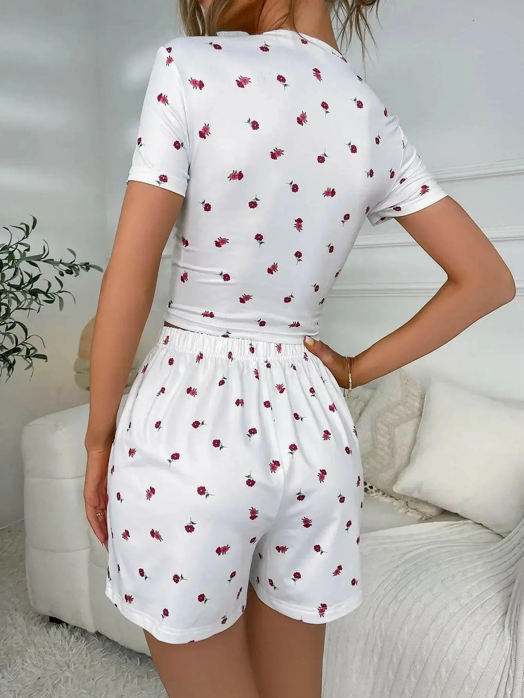 Ladies Floral Ruched T-Shirt and Shorts Lounge Set - Plush Fashion Hub