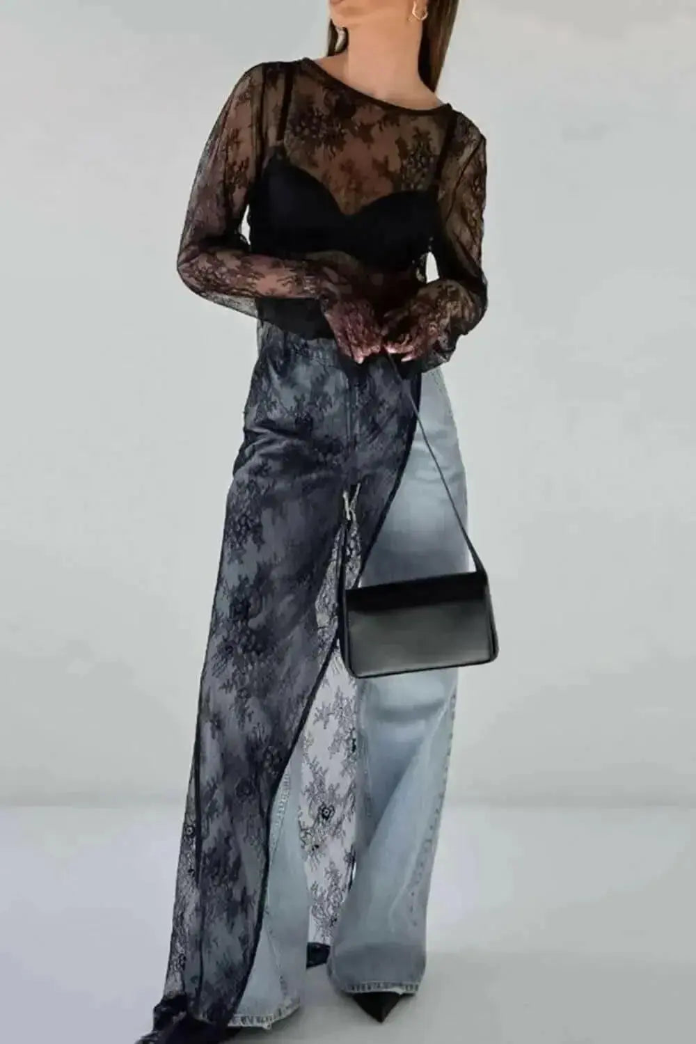 Fringe Round Neck Long Sleeve Lace Sheer Top - Plush Fashion Hub