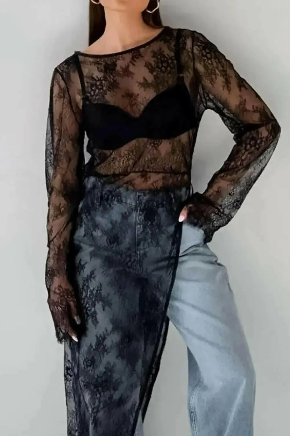 Fringe Round Neck Long Sleeve Lace Sheer Top - Plush Fashion Hub
