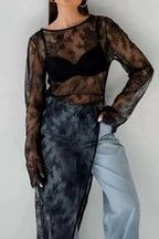 Fringe Round Neck Long Sleeve Lace Sheer Top - Plush Fashion Hub