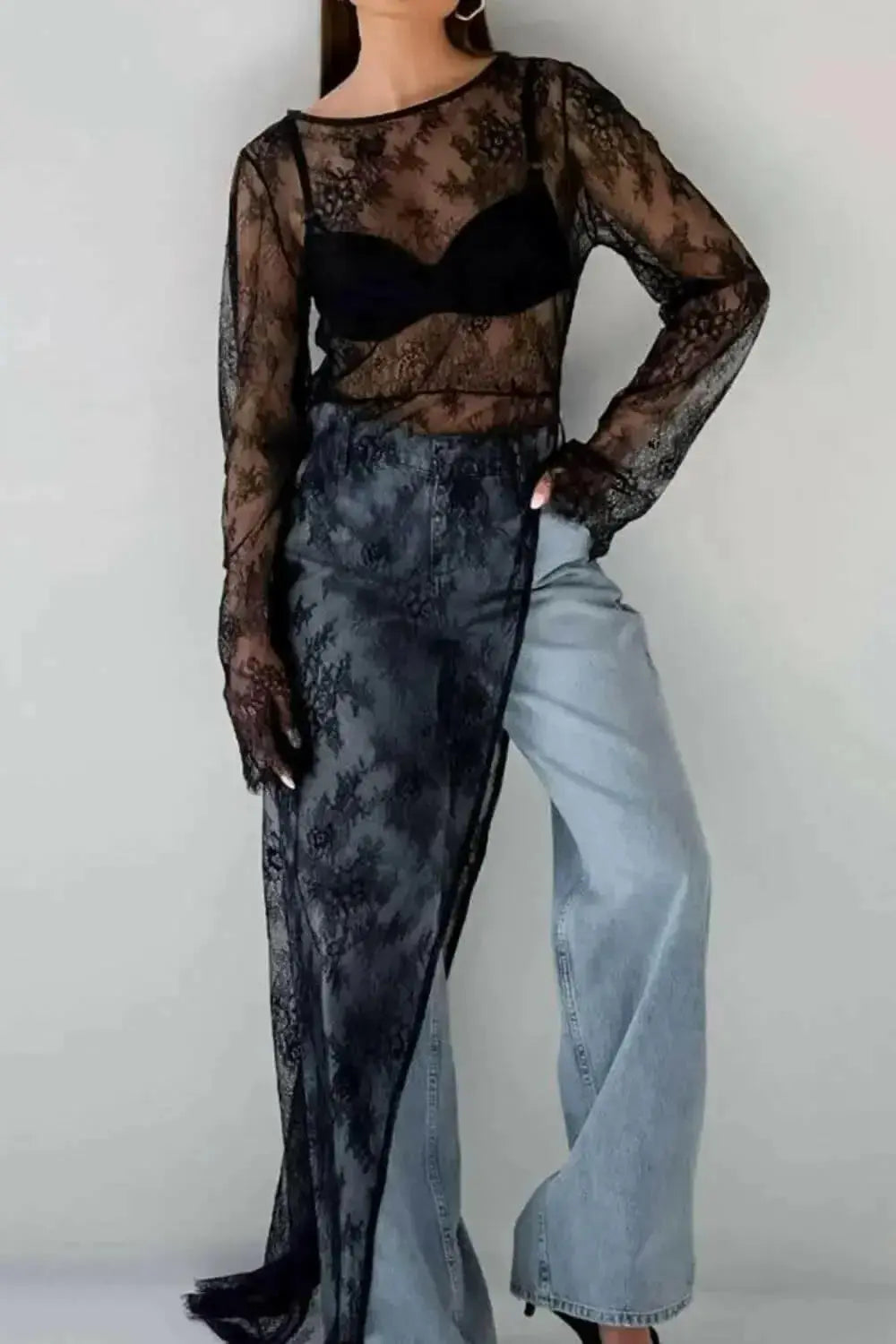 Fringe Round Neck Long Sleeve Lace Sheer Top - Plush Fashion Hub