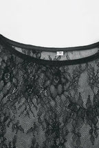 Fringe Round Neck Long Sleeve Lace Sheer Top - Plush Fashion Hub