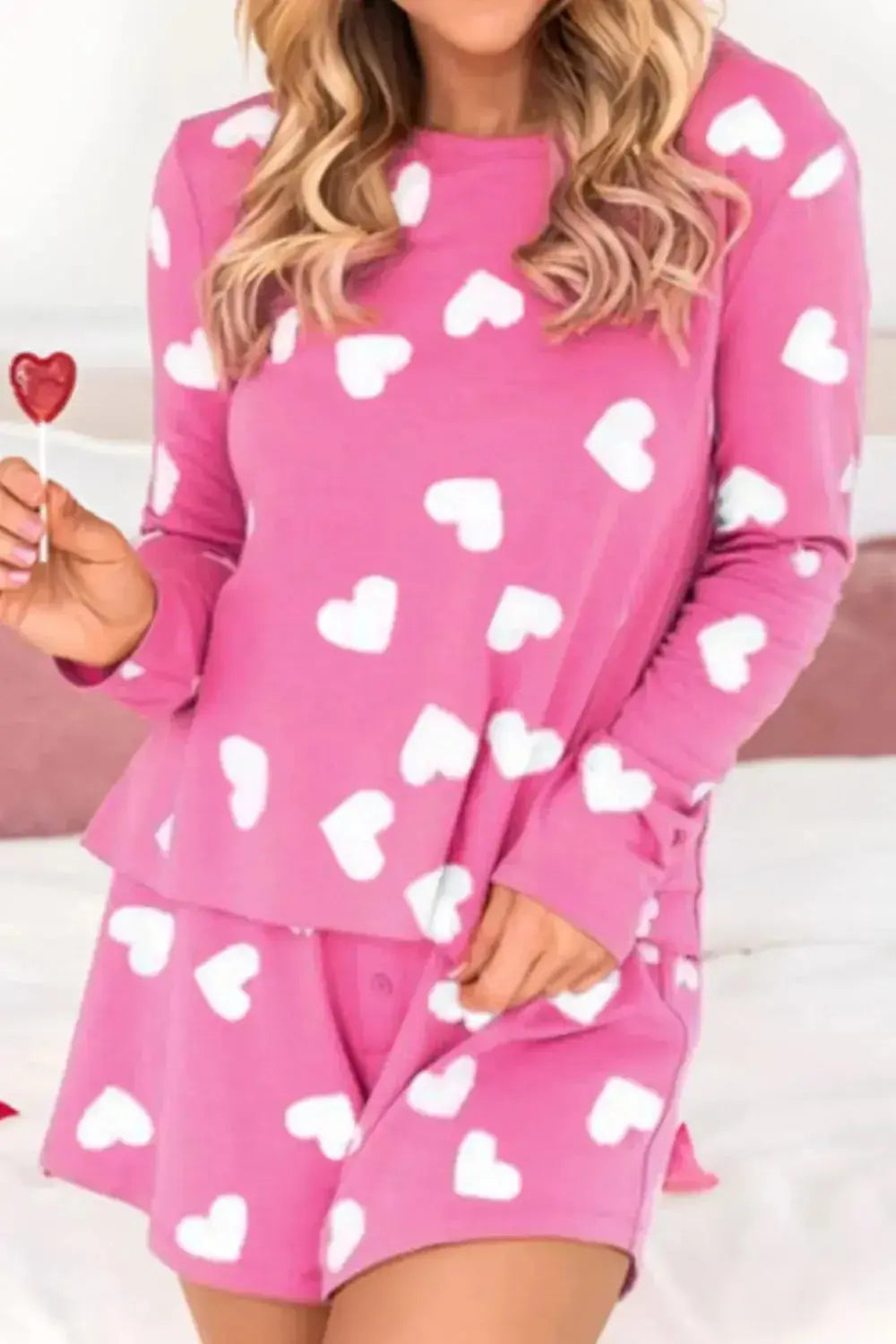 Heart Round Neck Long Sleeve Top and Elastic Waist Shorts Set - Plush Fashion Hub