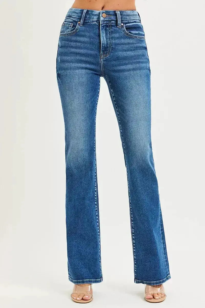 RISEN High Rise Bootcut Jeans With Distressed Details - Plush Fashion Hub