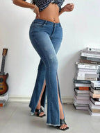 Distressed Slit Flare Jeans - Plush Fashion Hub