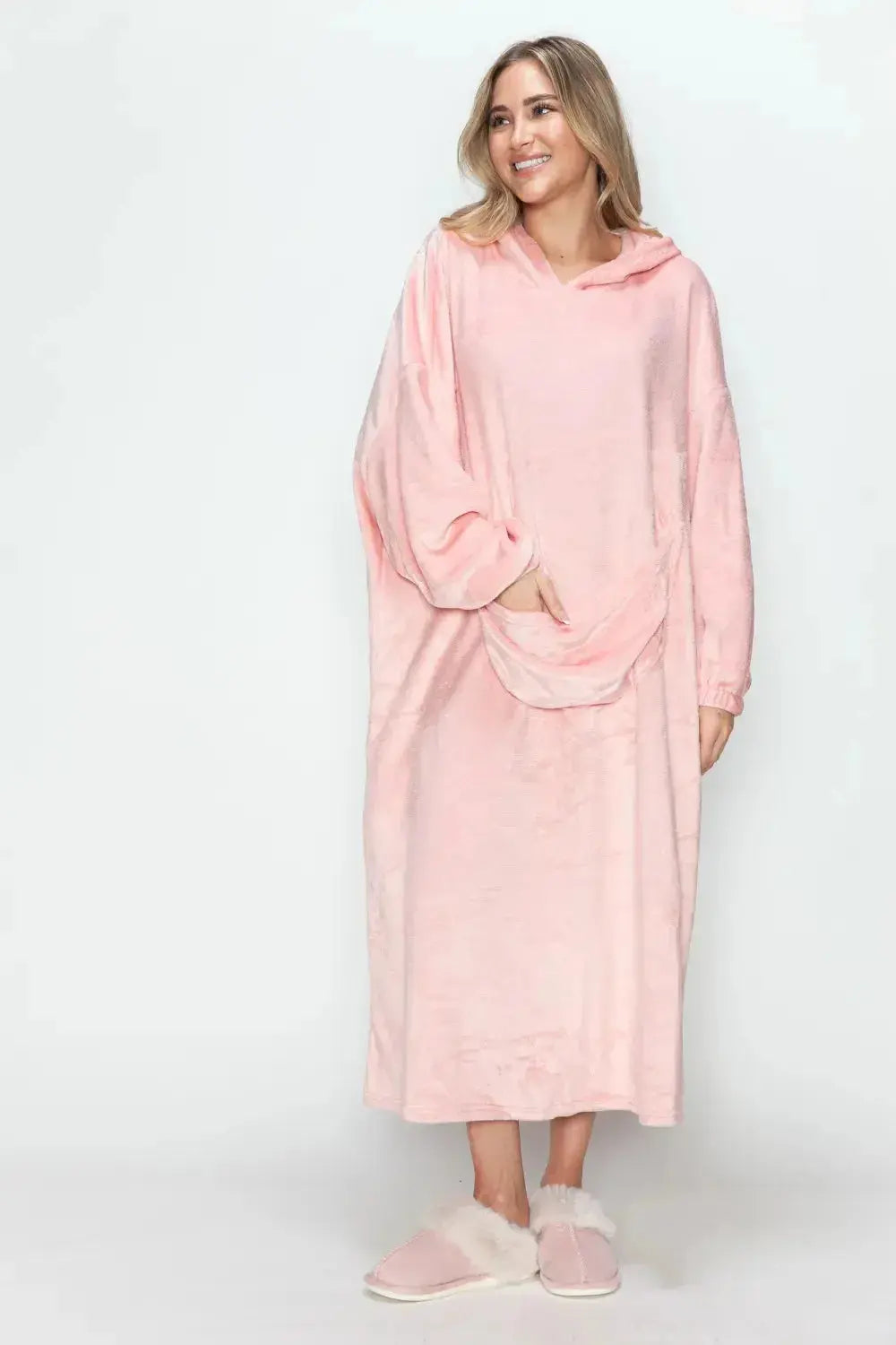 Double Take Full Size Pocketed Hooded Midi Lounge Dress - Plush Fashion Hub