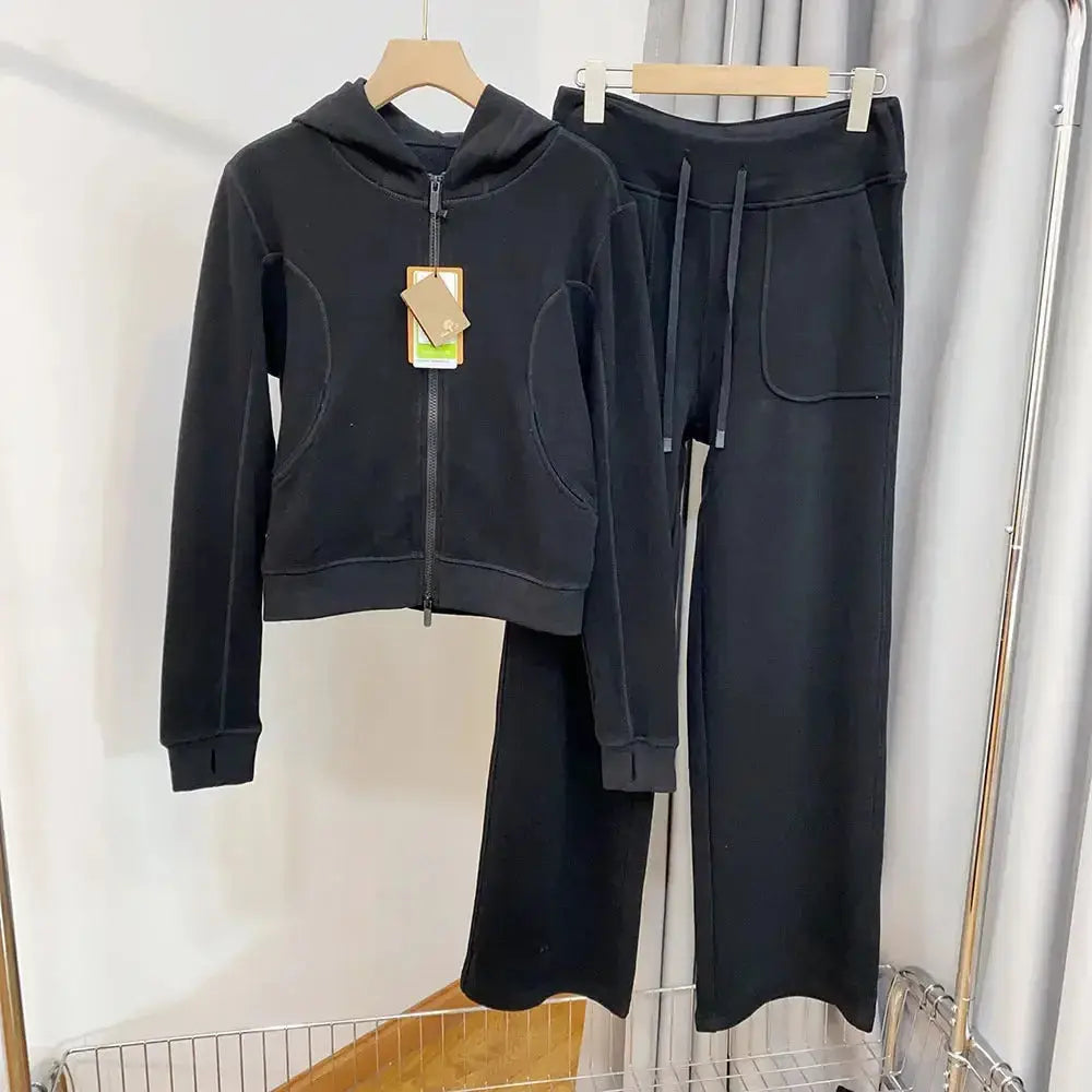 Women's Hooded Sweatshirt Wide-leg Pants Suit - Plush Fashion Hub