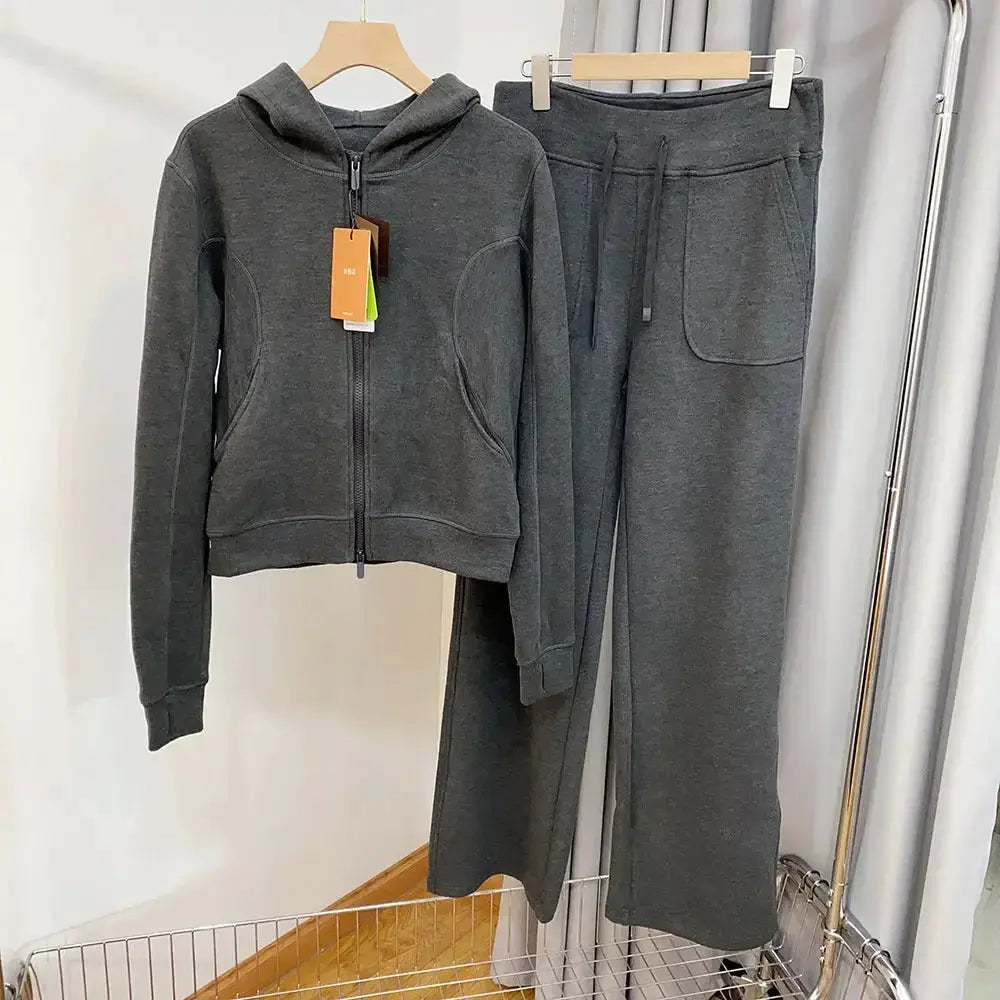 Women's Hooded Sweatshirt Wide-leg Pants Suit - Plush Fashion Hub