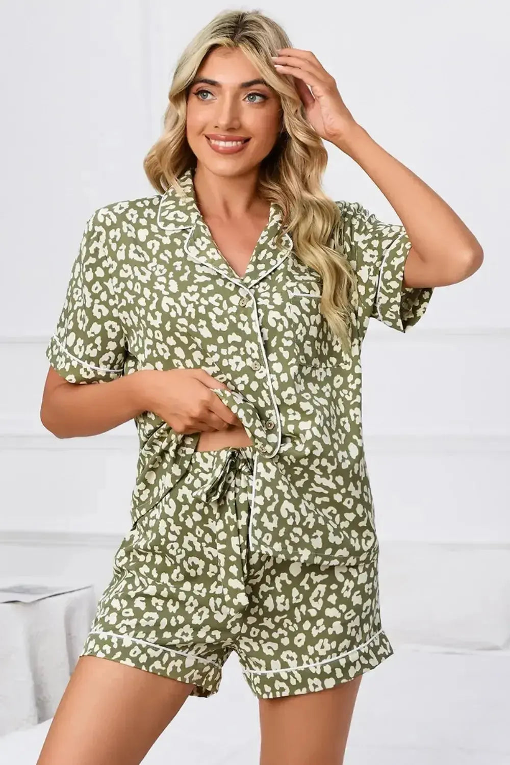 Full Size Leopard Short Sleeve Top and Shorts Lounge Set Plus Size - Plush Fashion Hub