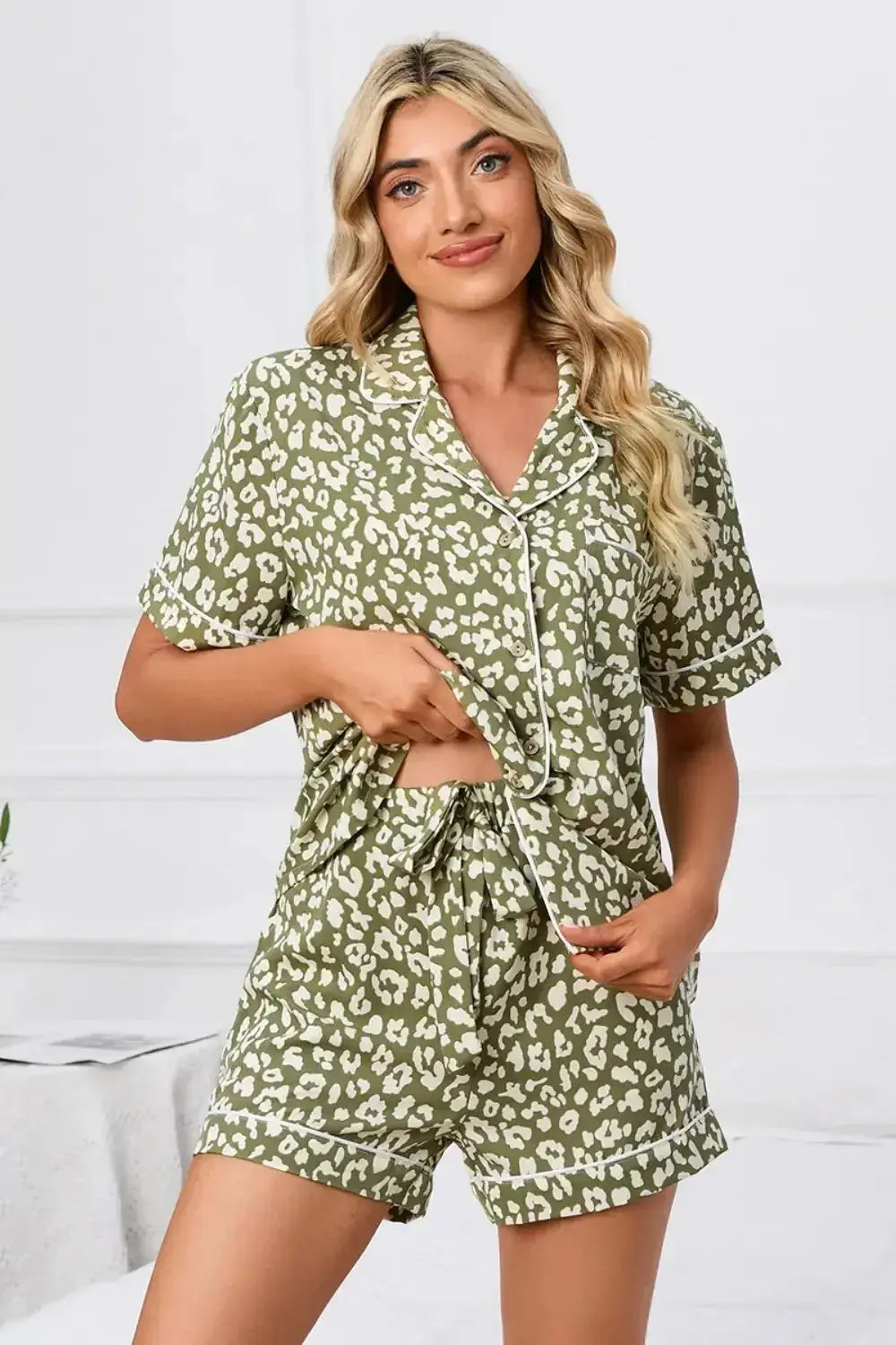 Full Size Leopard Short Sleeve Top and Shorts Lounge Set Plus Size - Plush Fashion Hub