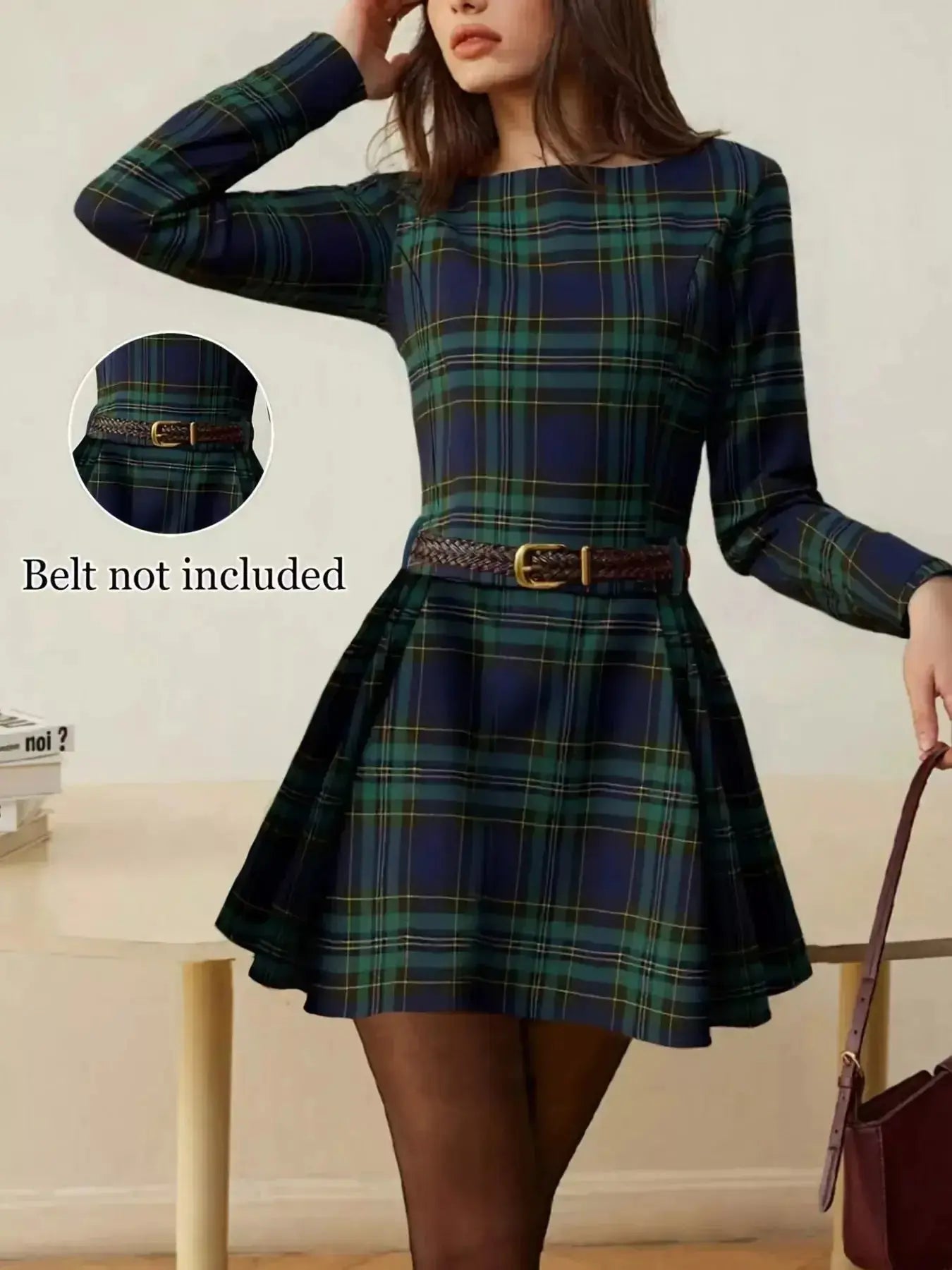 Plaid Print Long Sleeve A-Line Dress - Plush Fashion Hub