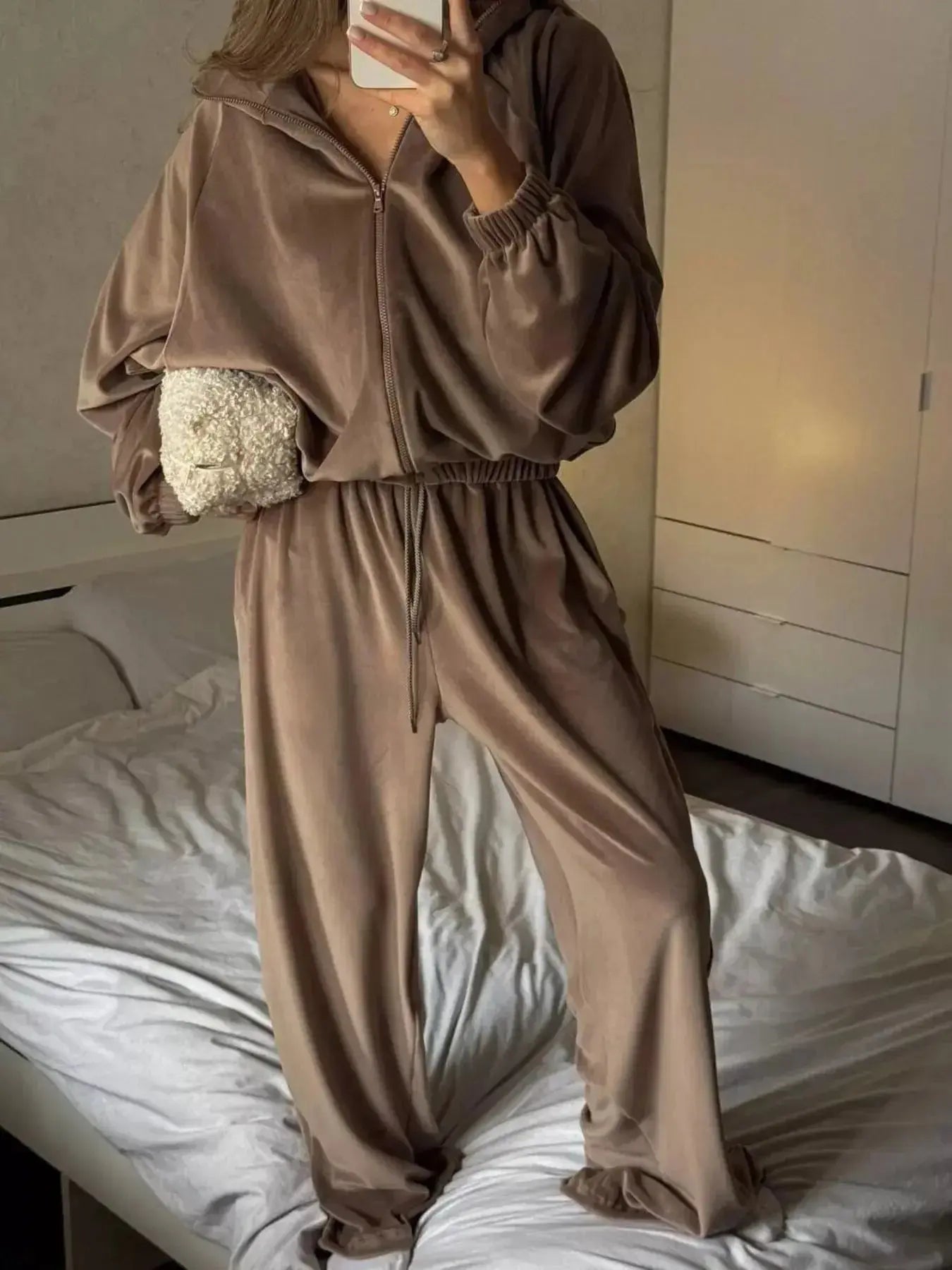 Zip Up Long Sleeve Outerwear and Pants Set - Plush Fashion Hub
