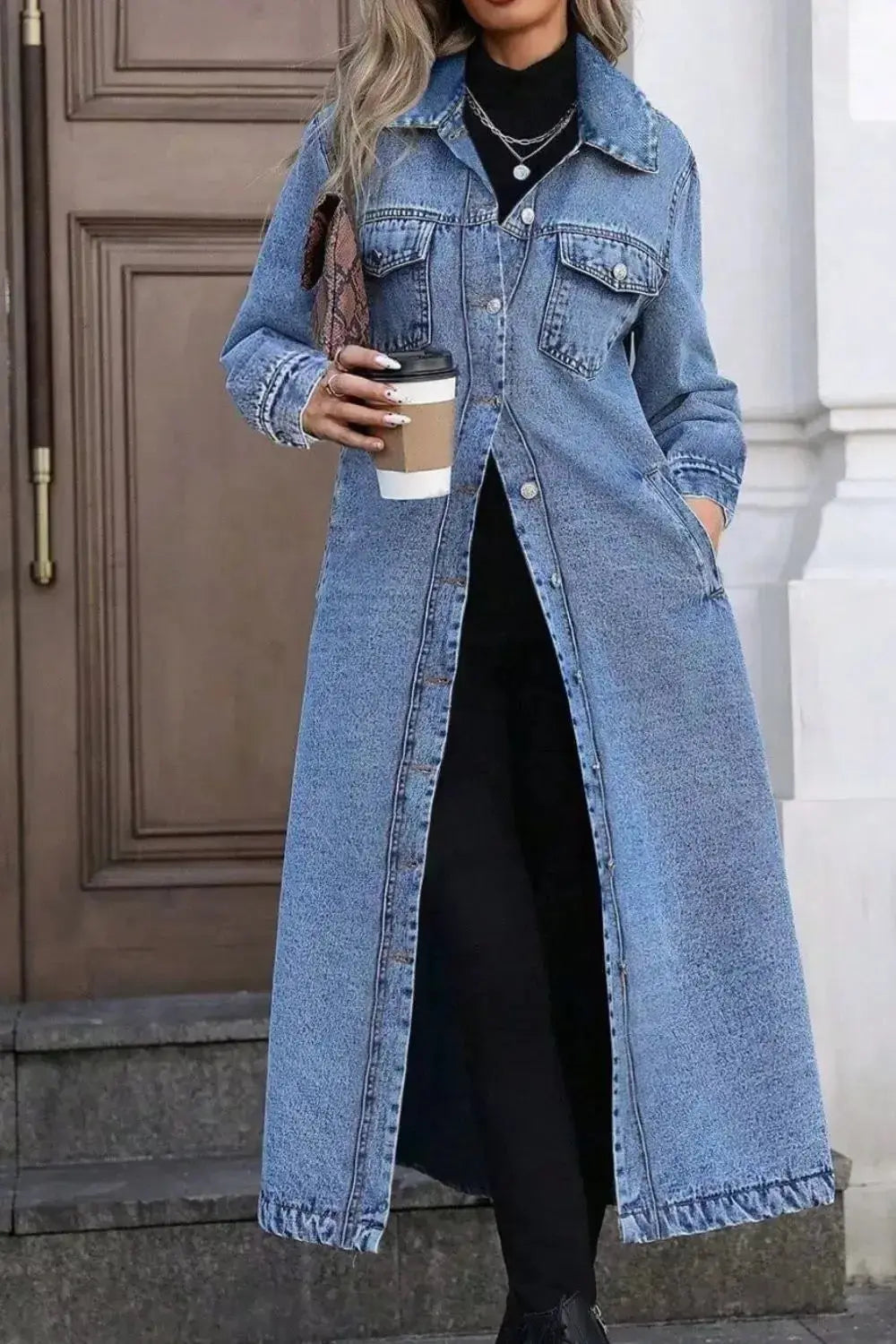 Longline Button-Down Denim Jacket - Plush Fashion Hub