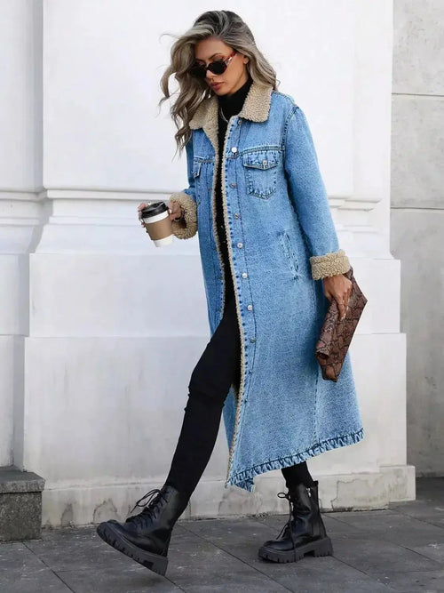 Sherpa Lined Longline Denim Jacket - Plush Fashion Hub