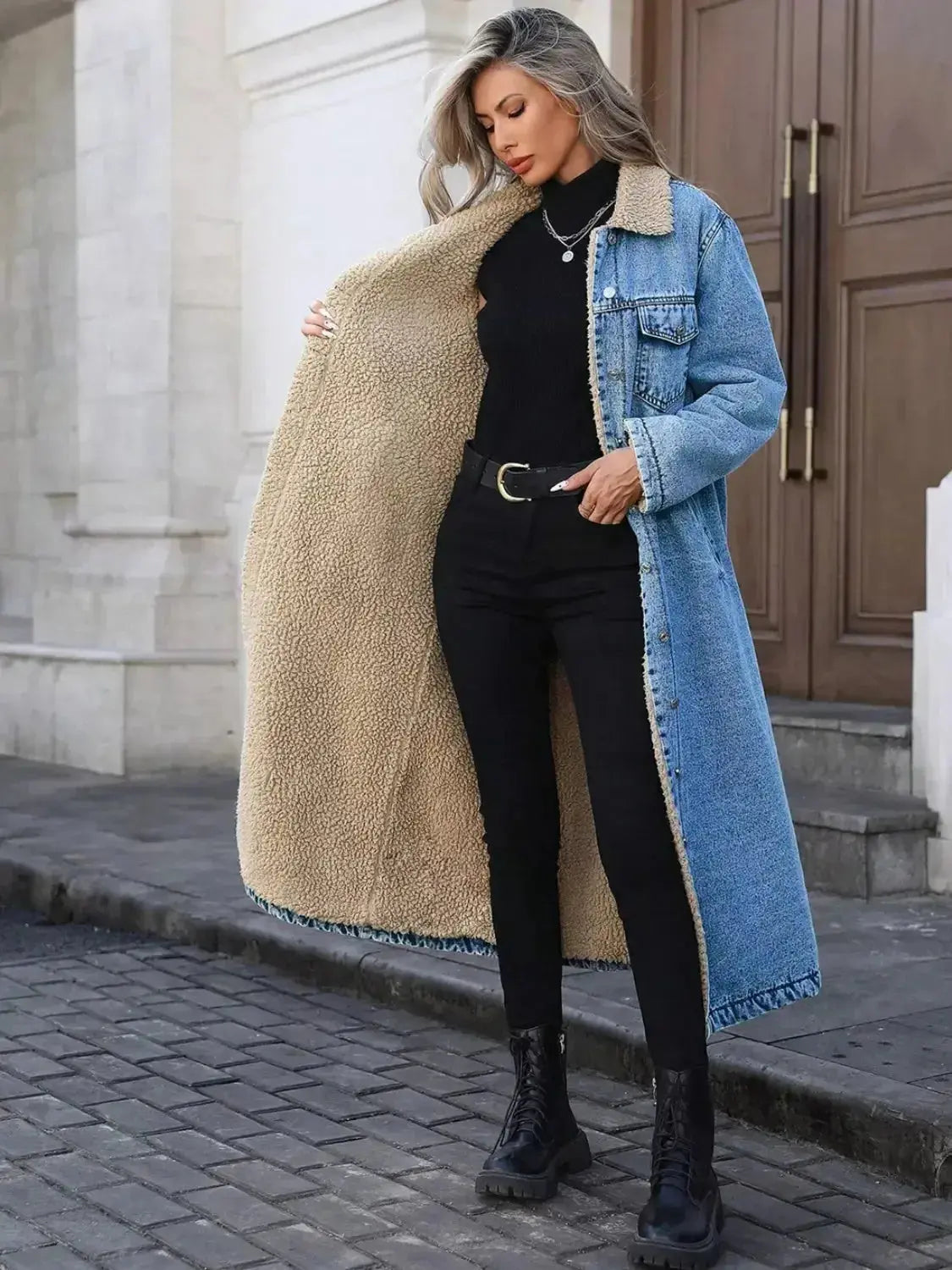 Sherpa Lined Longline Denim Jacket - Plush Fashion Hub