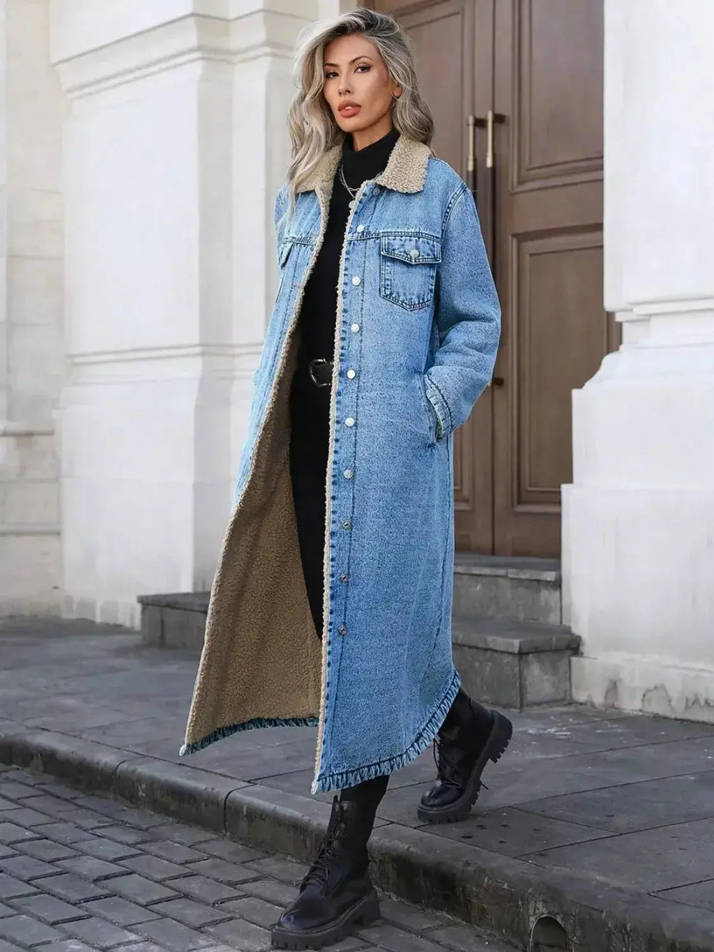 Sherpa Lined Longline Denim Jacket - Plush Fashion Hub