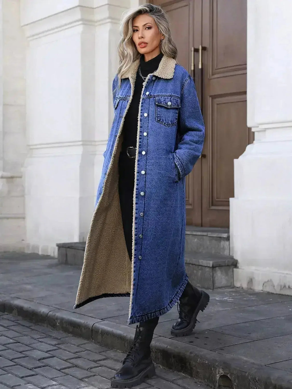 Sherpa Lined Longline Denim Jacket - Plush Fashion Hub