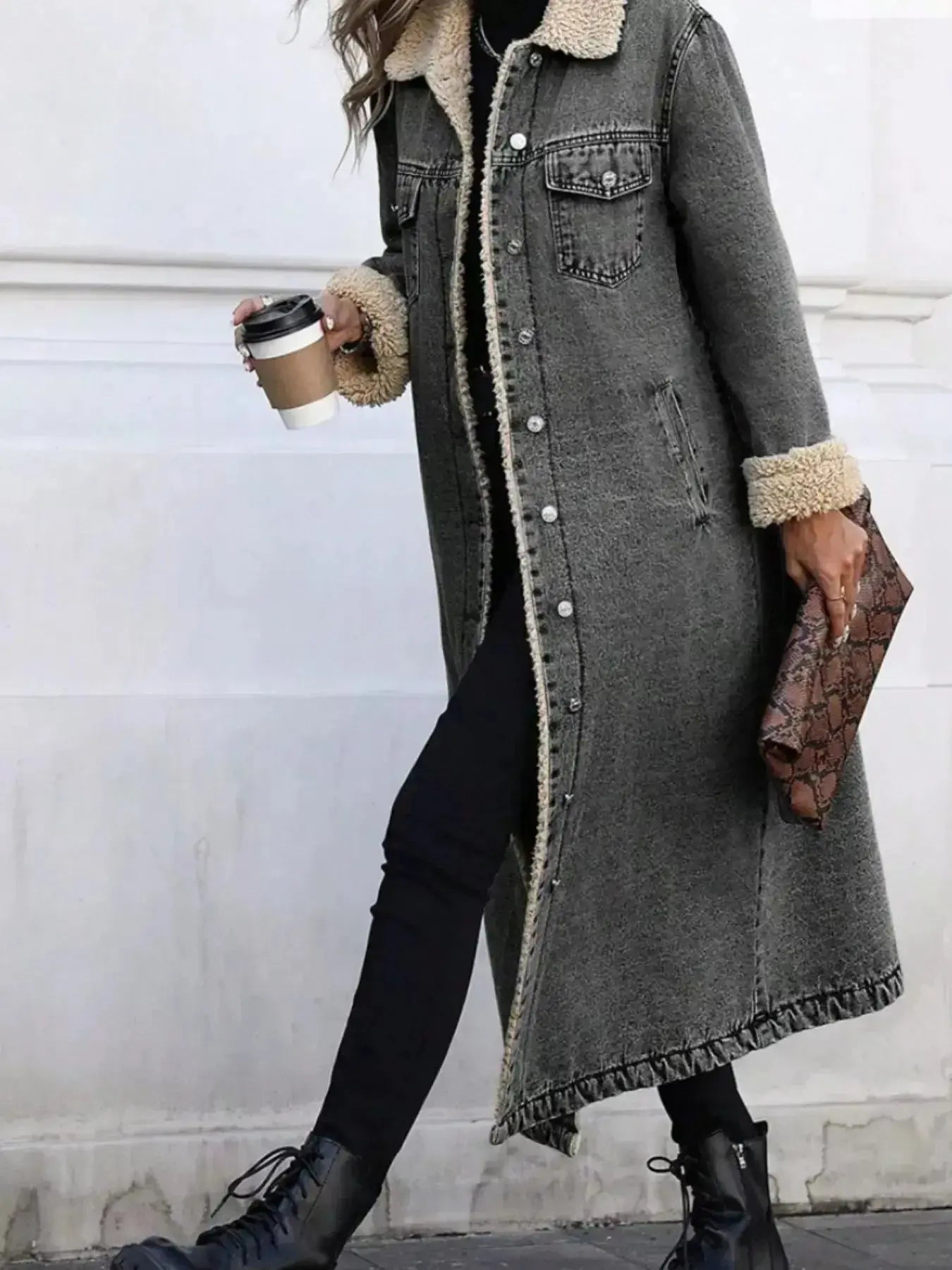 Sherpa Lined Longline Denim Jacket - Plush Fashion Hub