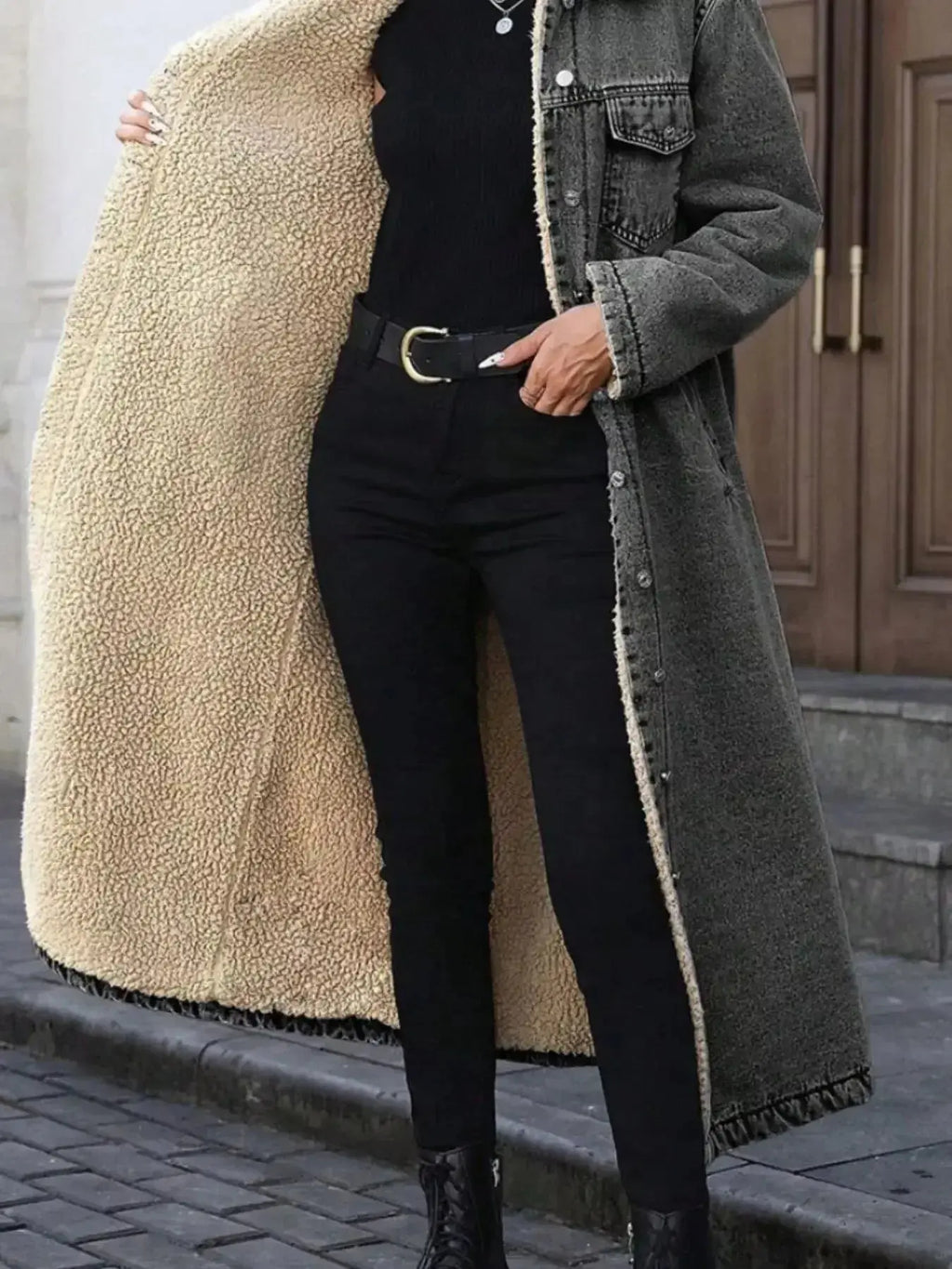 Sherpa Lined Longline Denim Jacket - Plush Fashion Hub