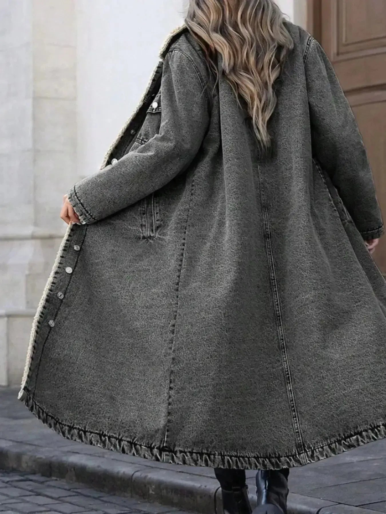 Sherpa Lined Longline Denim Jacket - Plush Fashion Hub