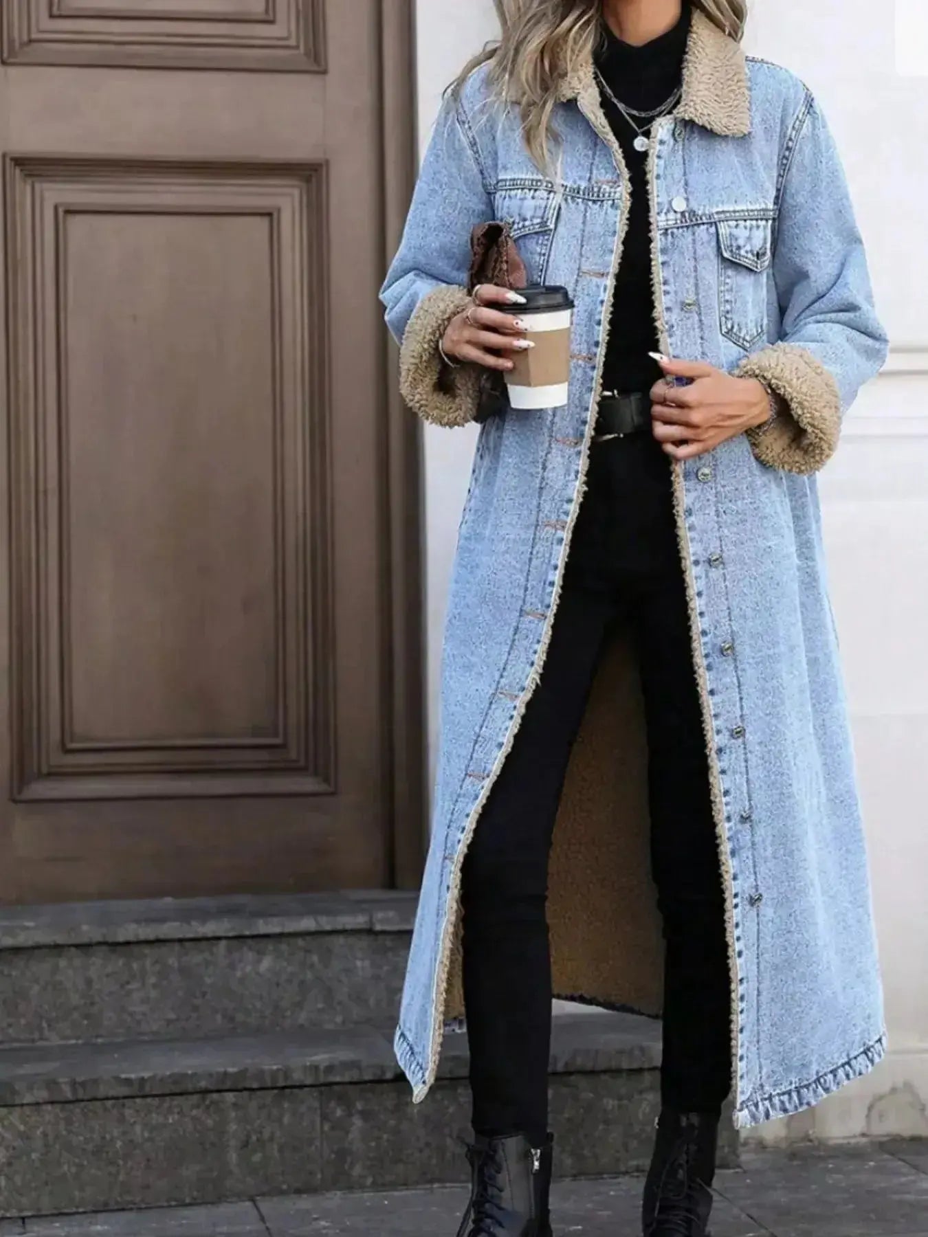 Sherpa Lined Longline Denim Jacket - Plush Fashion Hub