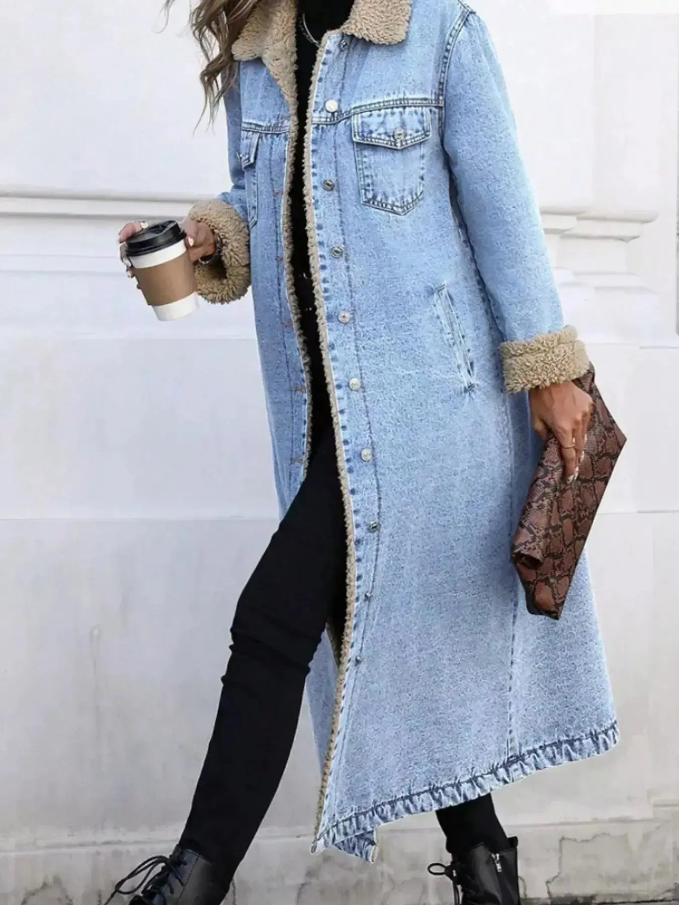 Sherpa Lined Longline Denim Jacket - Plush Fashion Hub