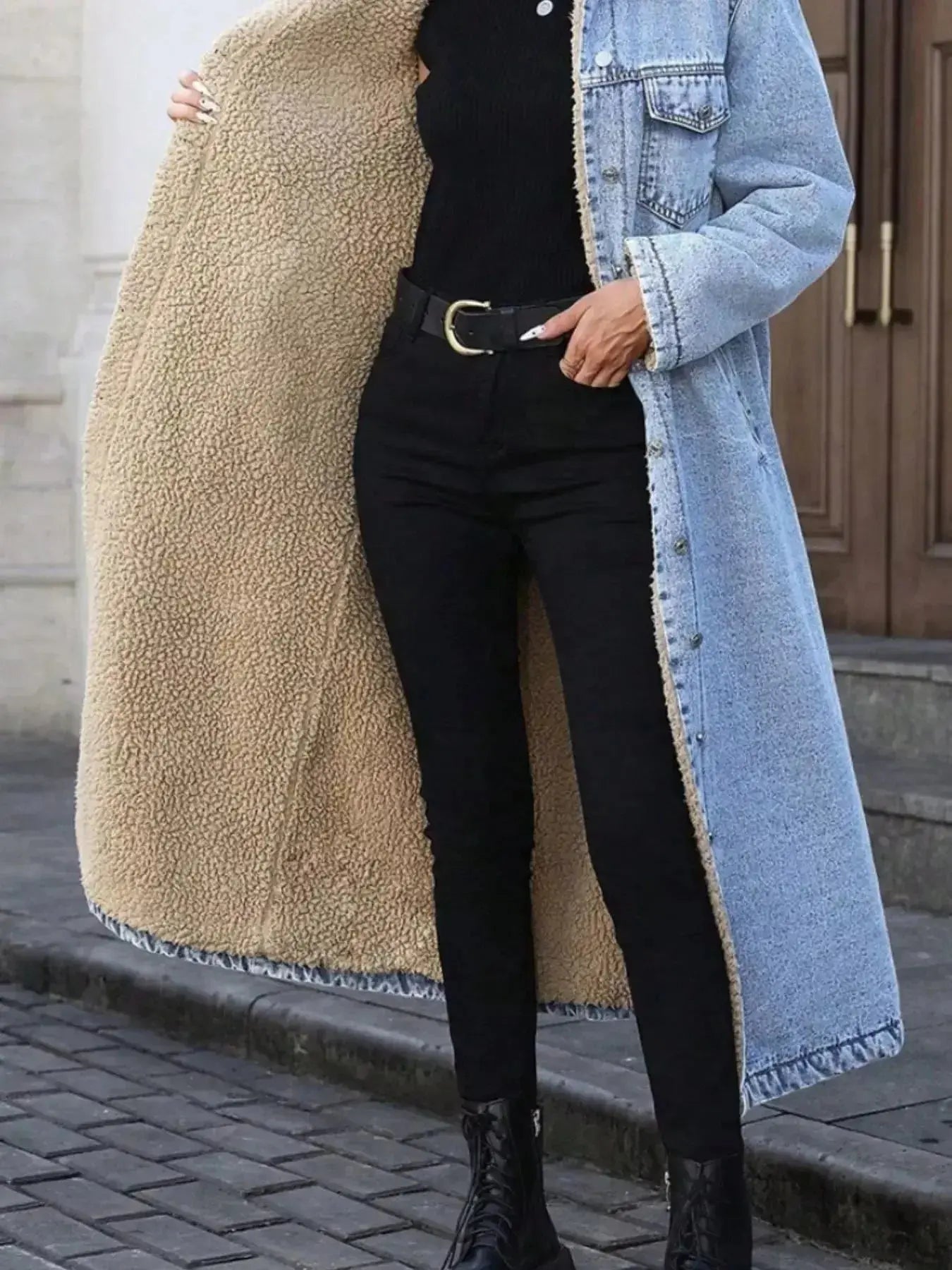 Sherpa Lined Longline Denim Jacket - Plush Fashion Hub