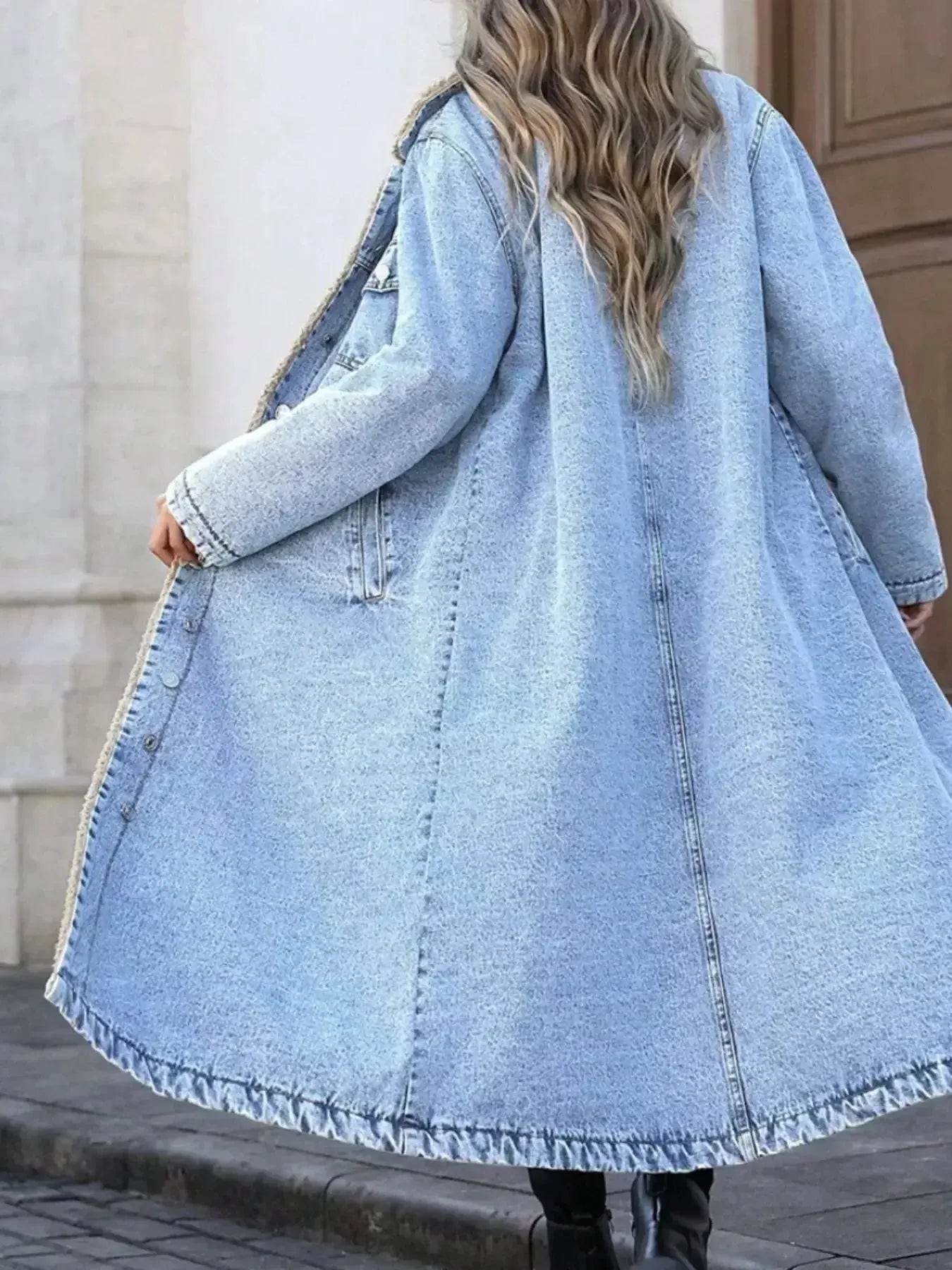 Sherpa Lined Longline Denim Jacket - Plush Fashion Hub