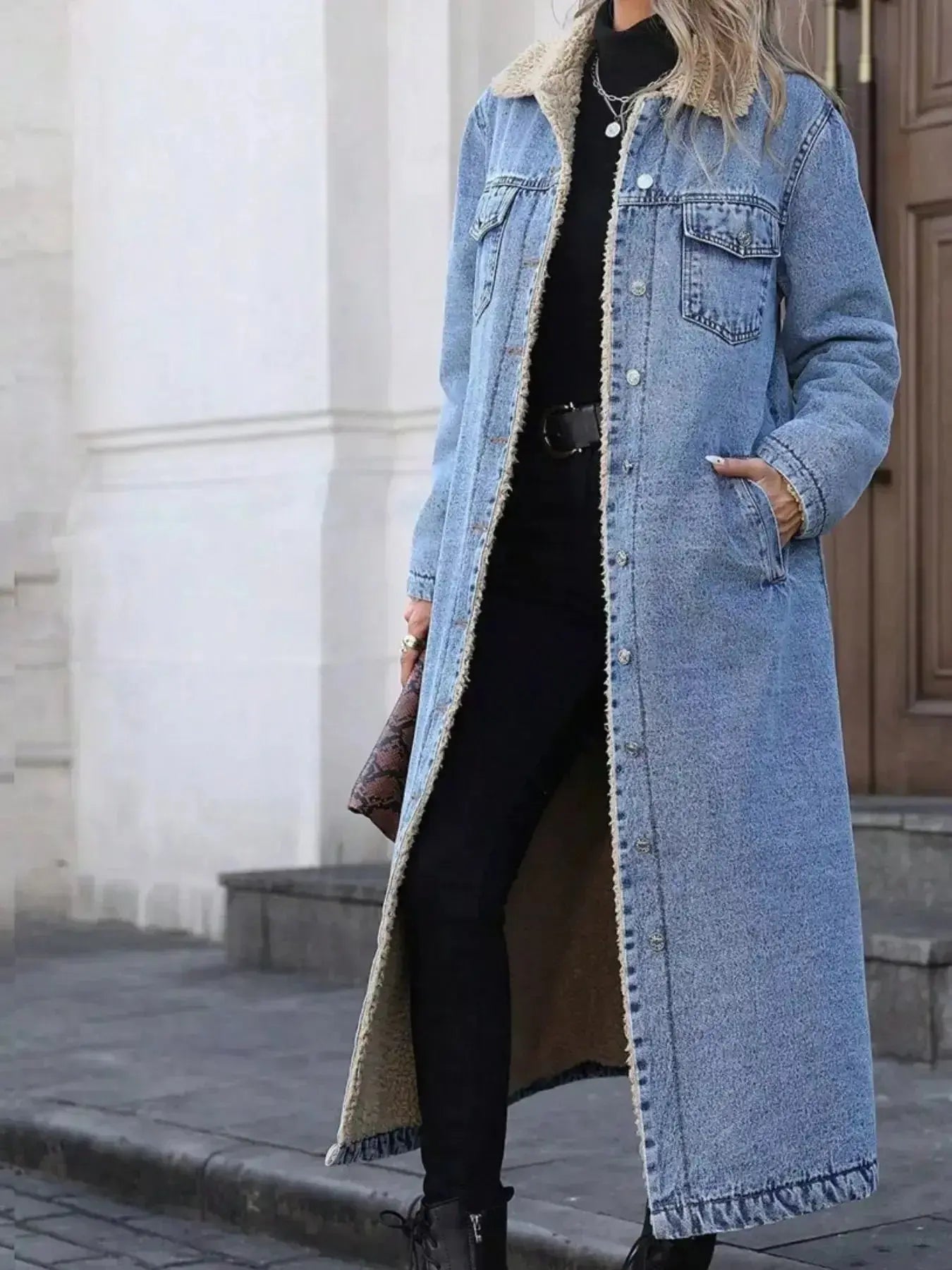 Sherpa Lined Longline Denim Jacket - Plush Fashion Hub