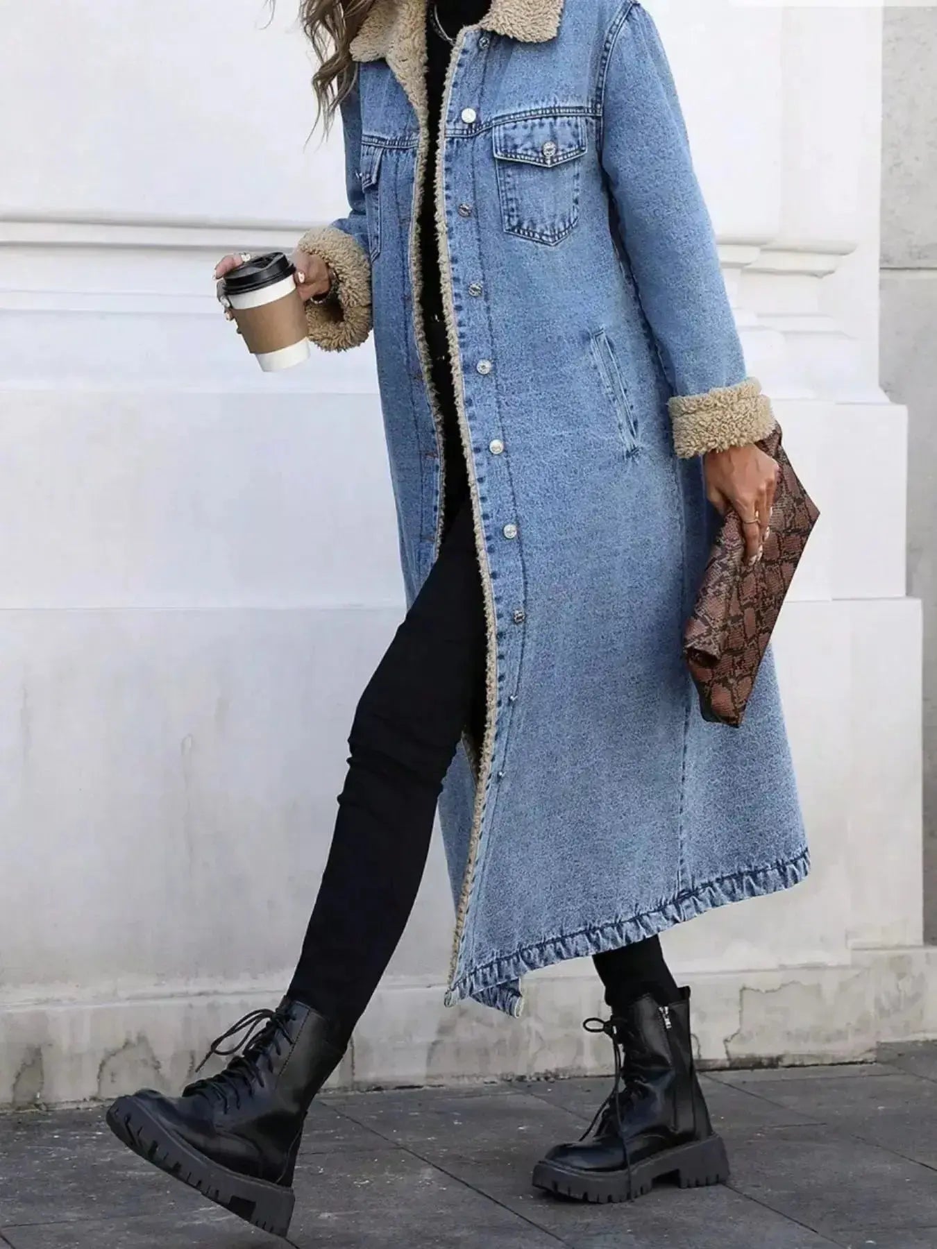 Sherpa Lined Longline Denim Jacket - Plush Fashion Hub