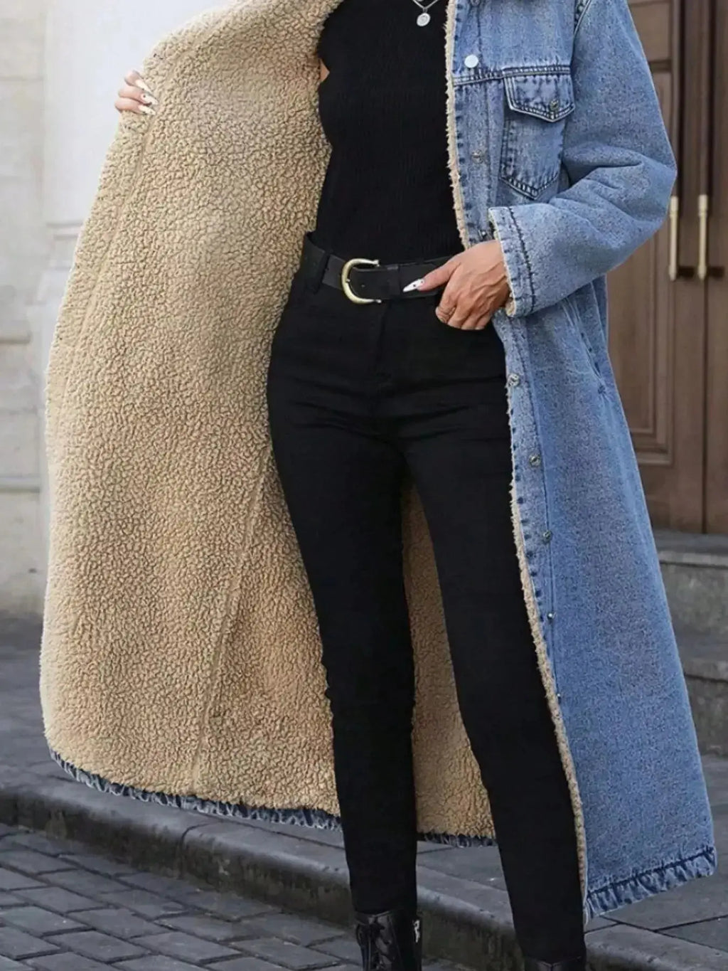 Sherpa Lined Longline Denim Jacket - Plush Fashion Hub