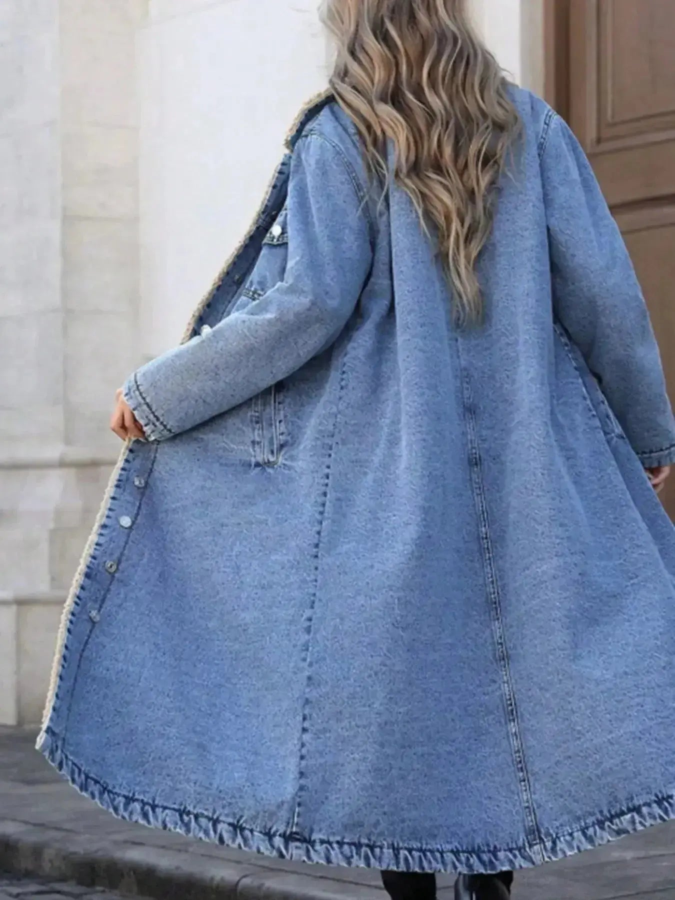 Sherpa Lined Longline Denim Jacket - Plush Fashion Hub