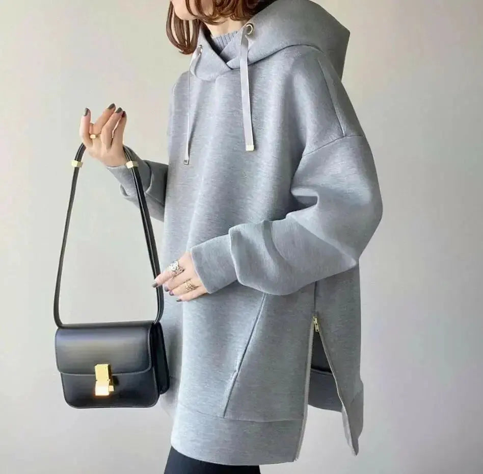Women's Loose Slimming Hooded Solid Color Side Zipper Sweater - Plush Fashion Hub