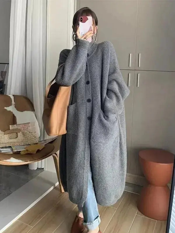 Solid Color Coat Mid Length Turtleneck Cardigan Sweater - Plush Fashion Hub