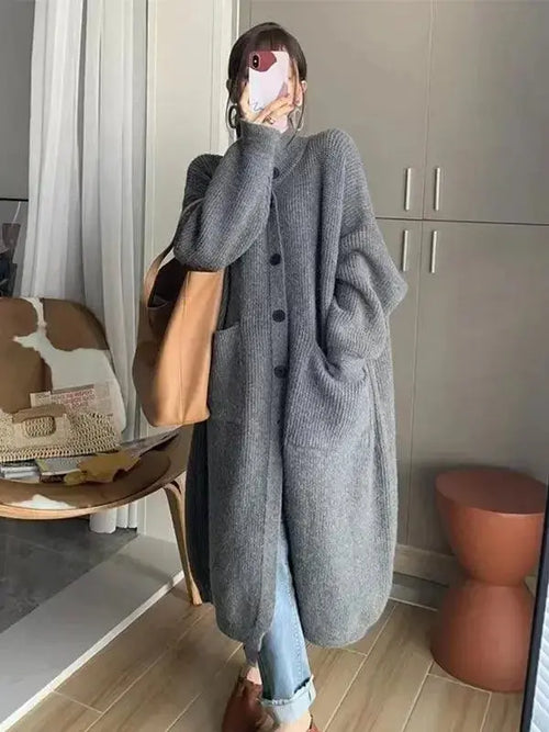 Solid Color Coat Mid Length Turtleneck Cardigan Sweater - Plush Fashion Hub
