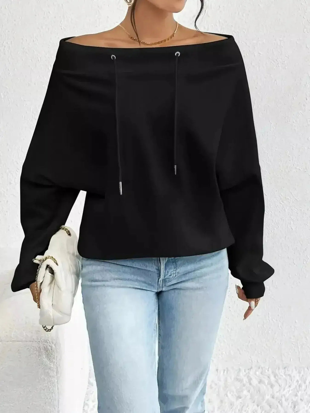 Off-Shoulder Drawstring Sweatshirt - Plush Fashion Hub