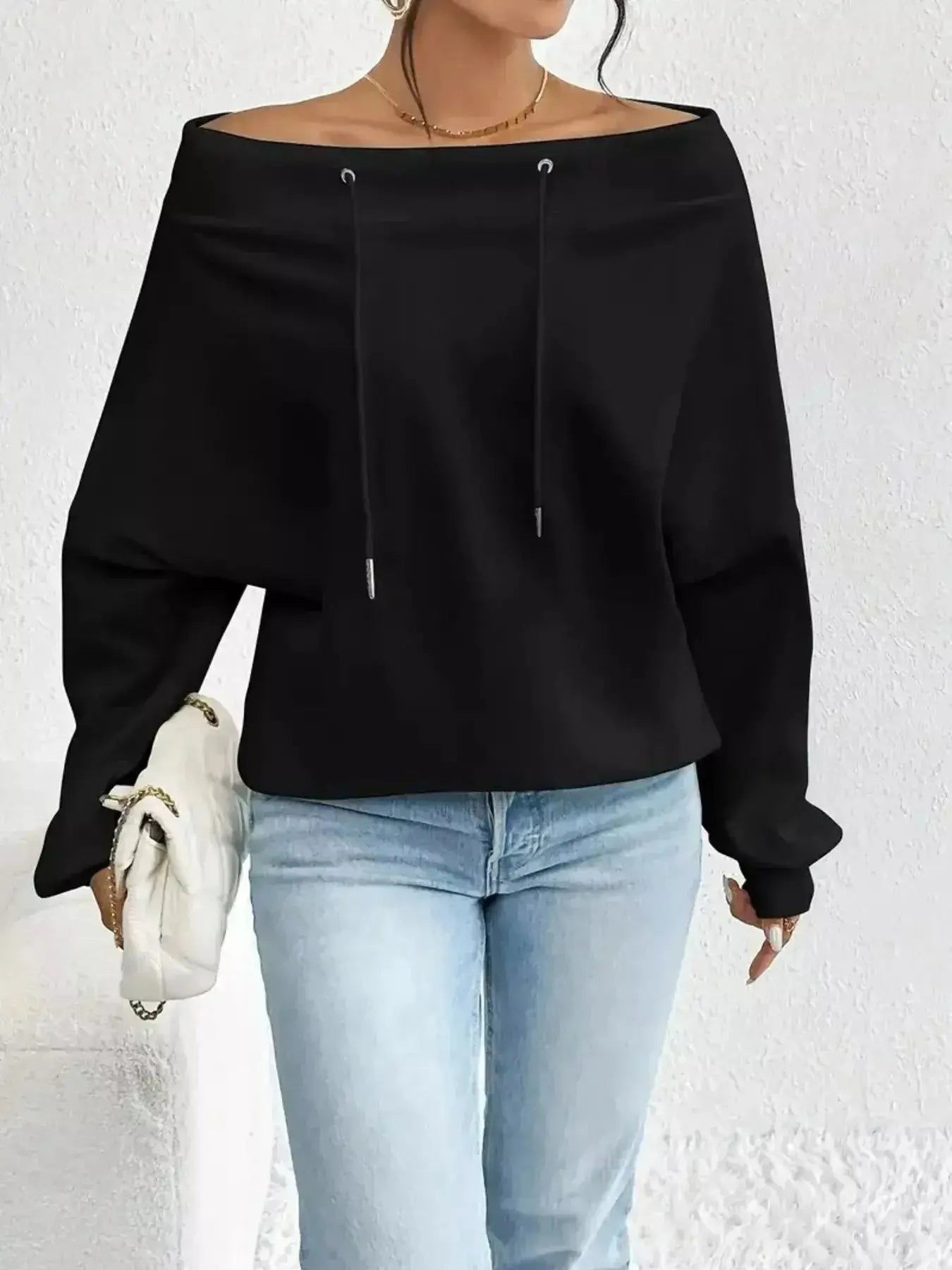 Off-Shoulder Drawstring Sweatshirt - Plush Fashion Hub