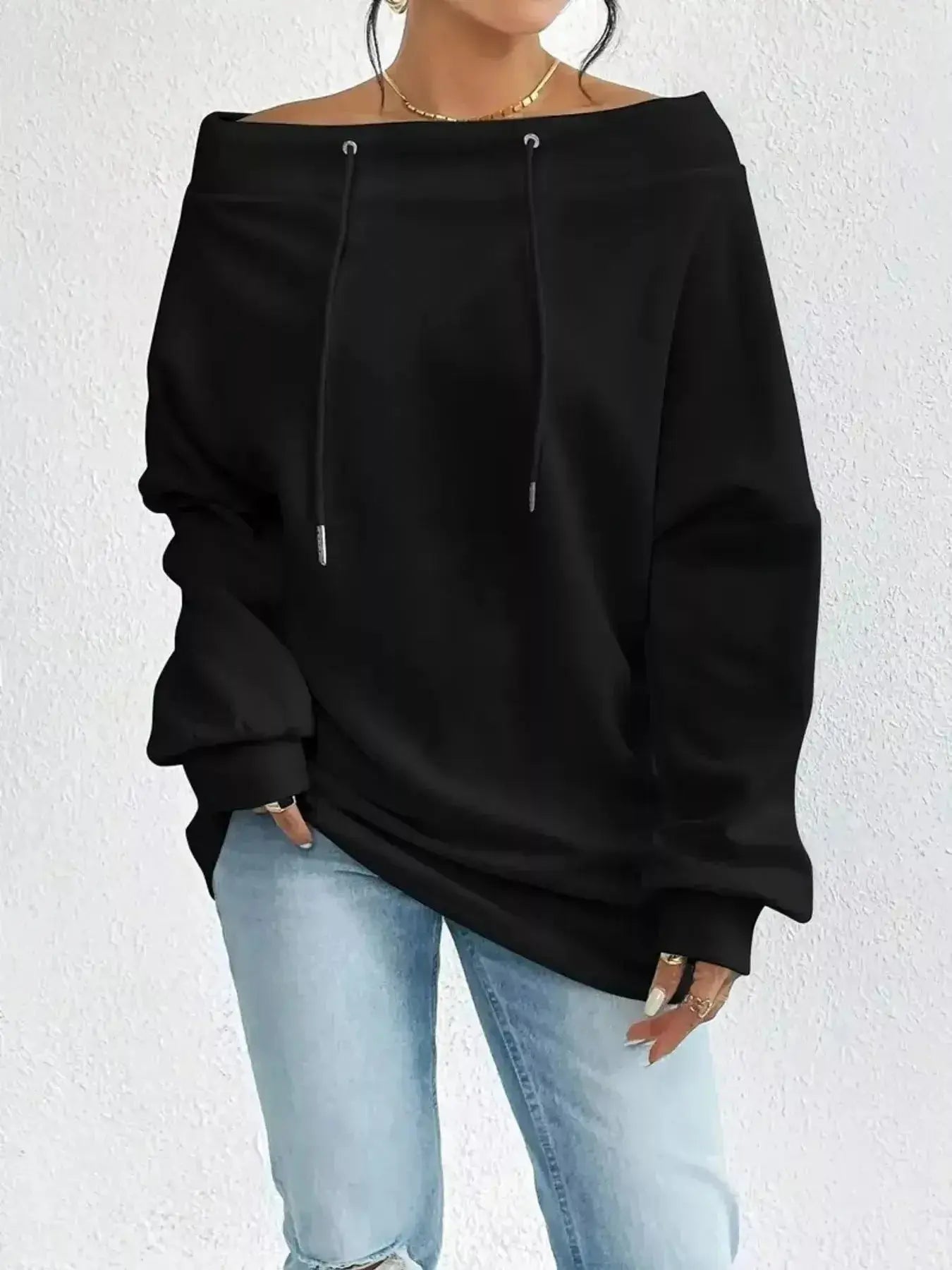 Off-Shoulder Drawstring Sweatshirt - Plush Fashion Hub