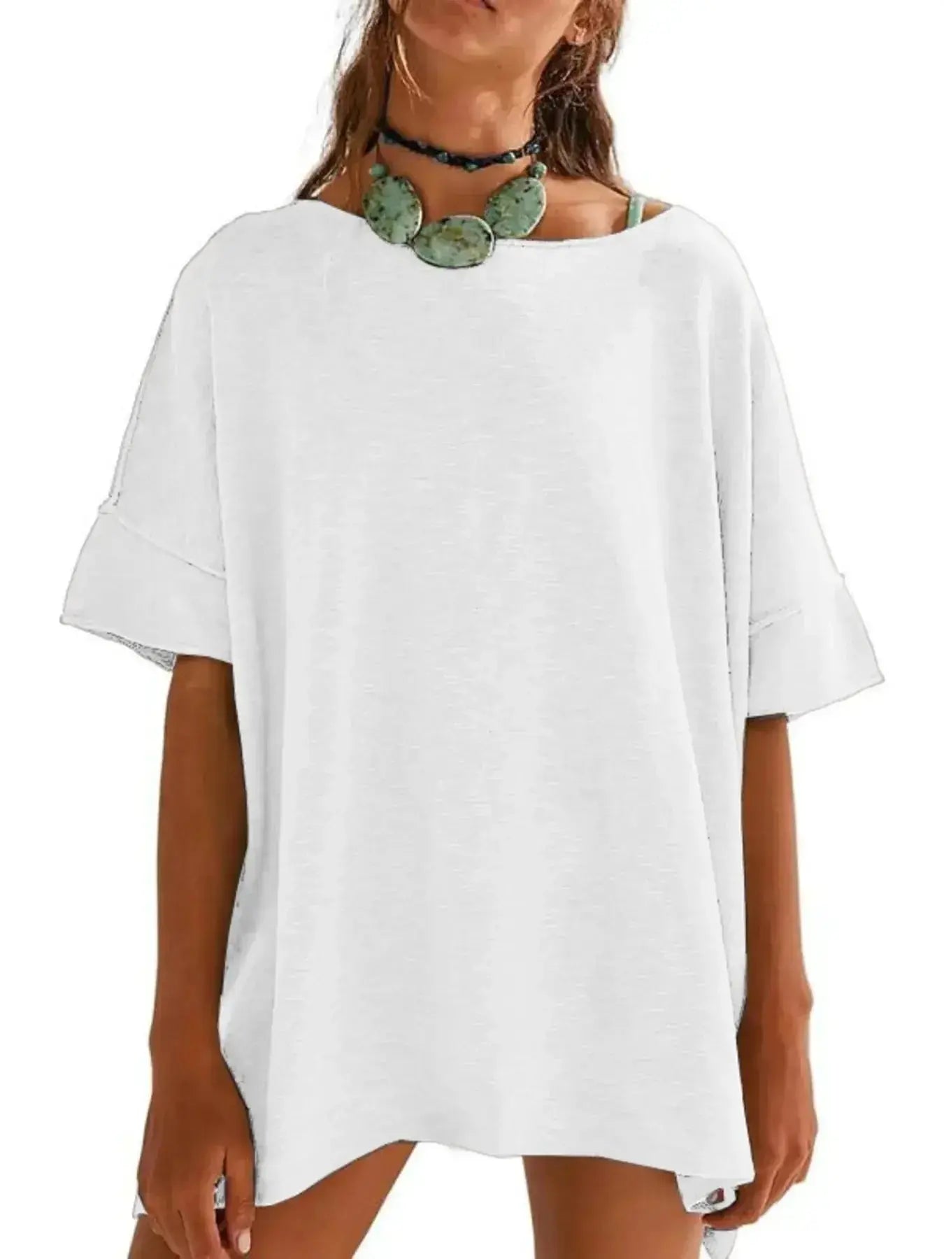 Oversized Round Neck Drop-Shoulder T-Shirt - Plush Fashion Hub