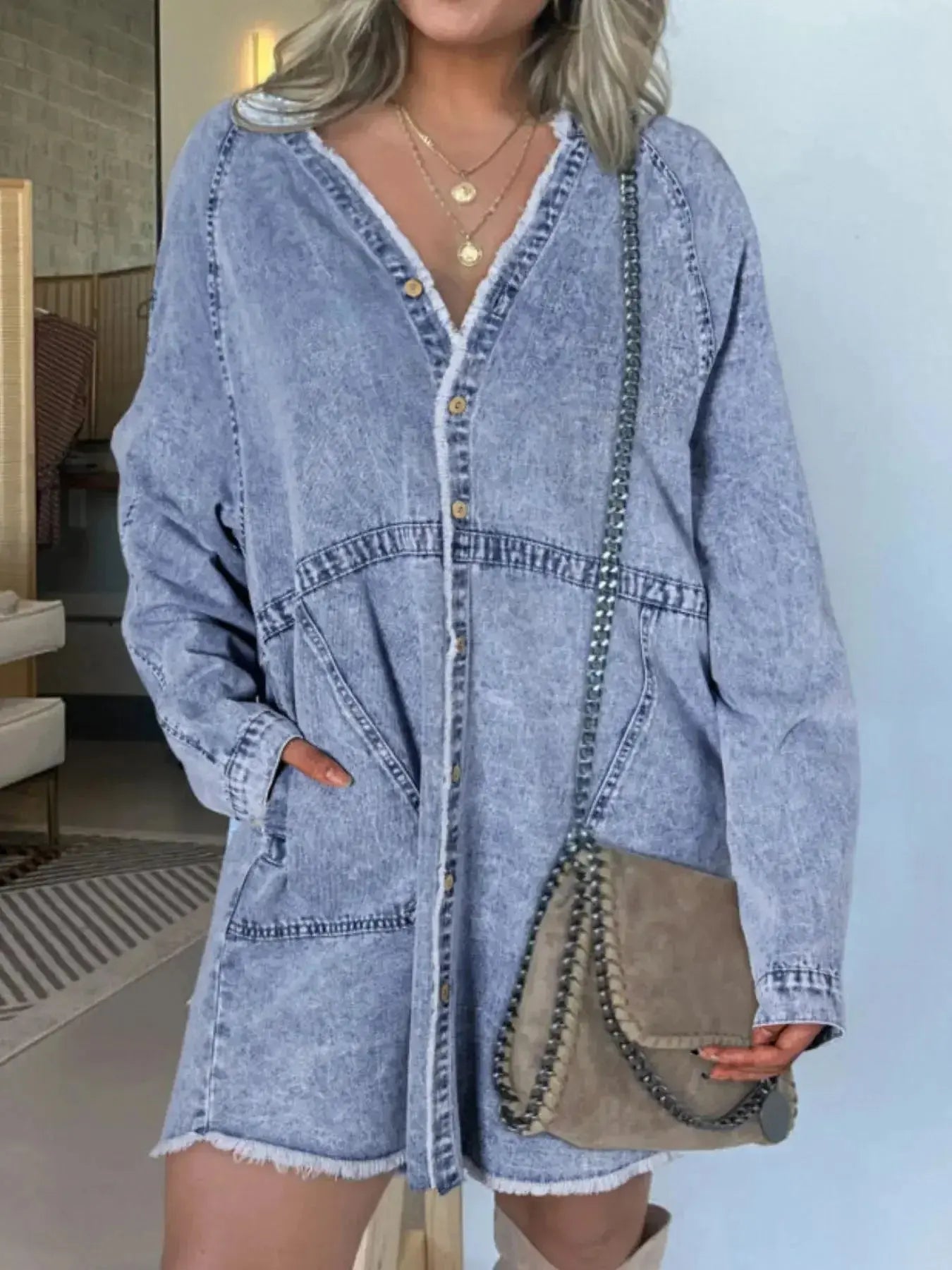 Full Size Button-Front Long Sleeve Denim Shirt Dress Plus Size - Plush Fashion Hub