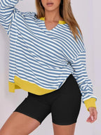 Notched Long Sleeve Oversized Sweatshirt - Plush Fashion Hub