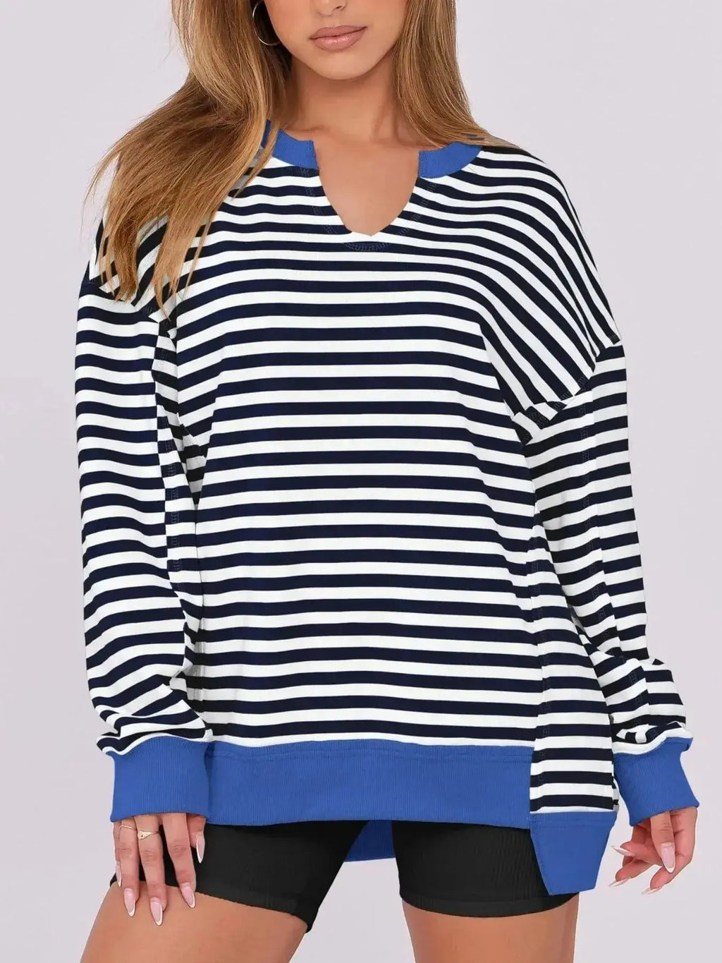Notched Long Sleeve Oversized Sweatshirt - Plush Fashion Hub