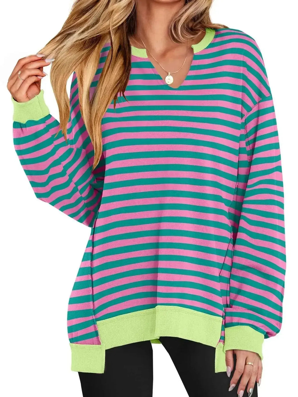 Notched Long Sleeve Oversized Sweatshirt - Plush Fashion Hub