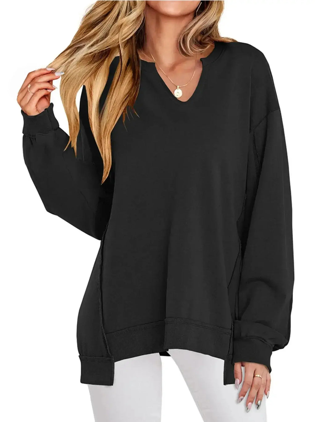 Notched Long Sleeve Oversized Sweatshirt - Plush Fashion Hub