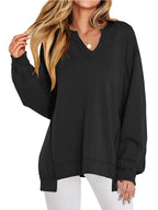 Notched Long Sleeve Oversized Sweatshirt - Plush Fashion Hub