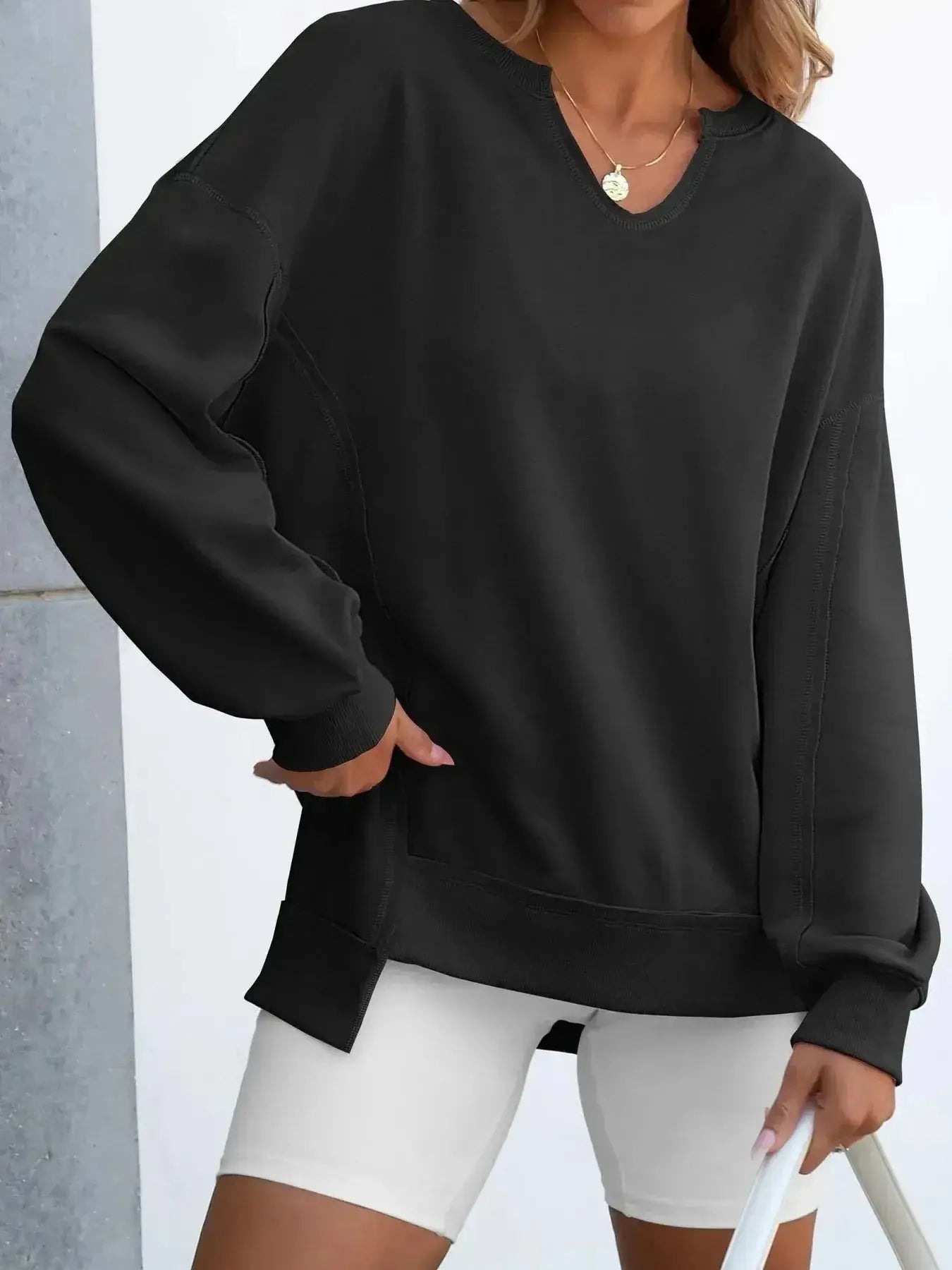 Notched Long Sleeve Oversized Sweatshirt - Plush Fashion Hub