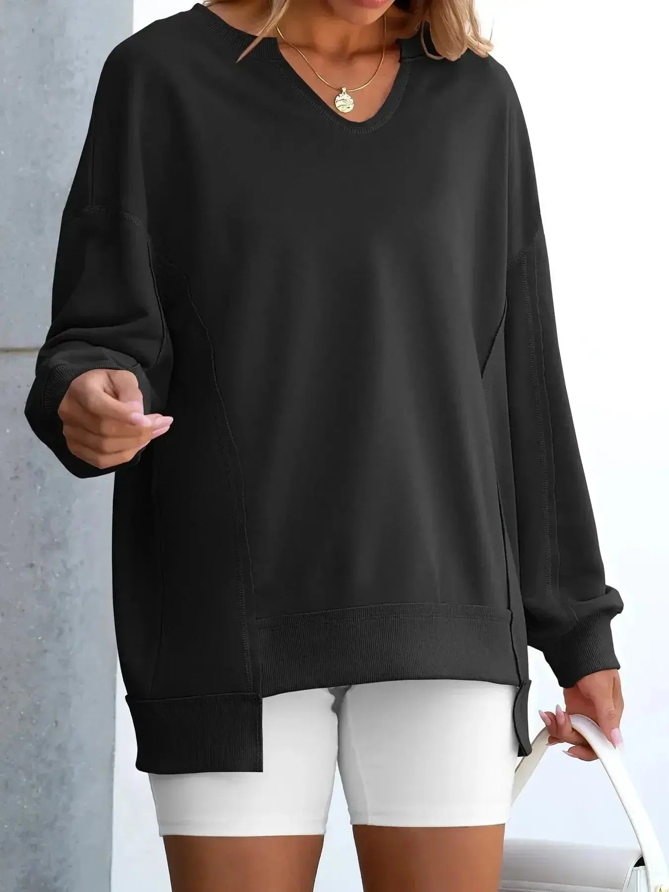 Notched Long Sleeve Oversized Sweatshirt - Plush Fashion Hub