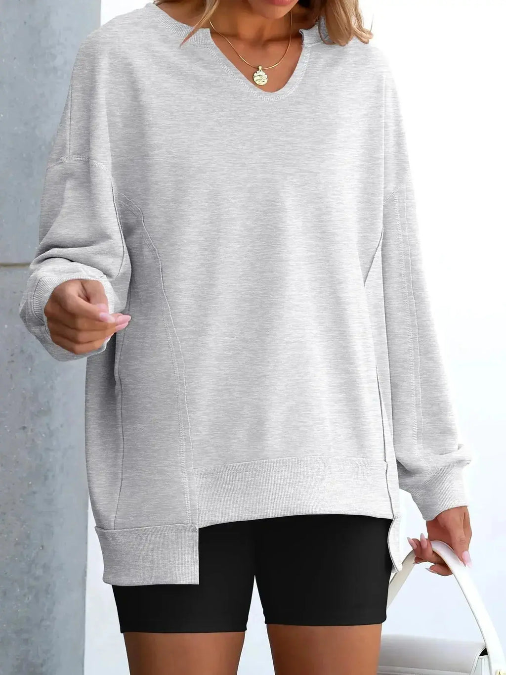 Notched Long Sleeve Oversized Sweatshirt - Plush Fashion Hub