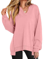 Notched Long Sleeve Oversized Sweatshirt - Plush Fashion Hub