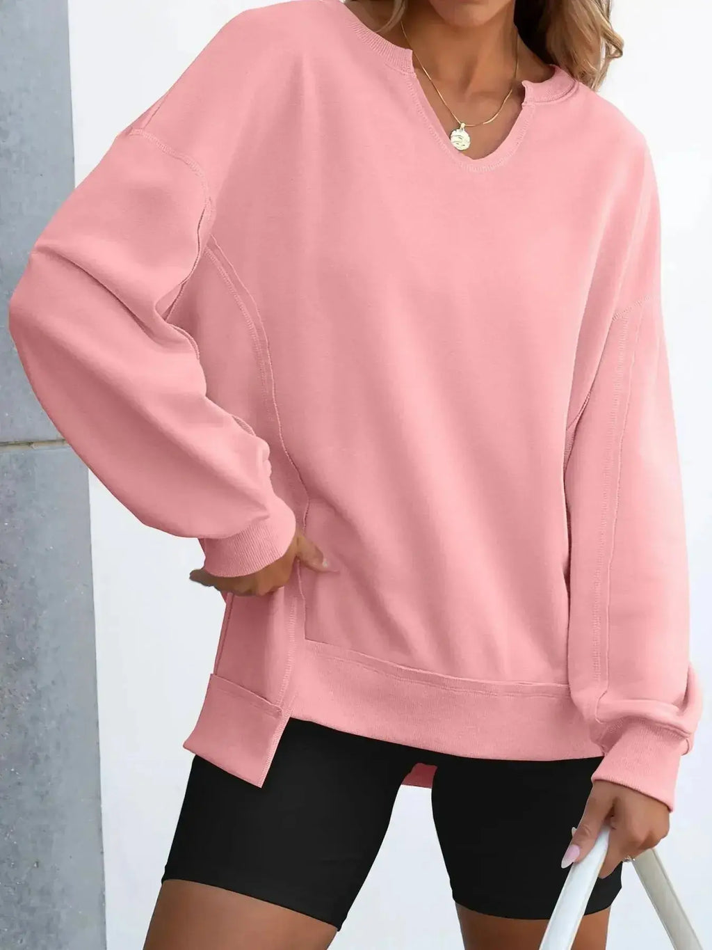 Notched Long Sleeve Oversized Sweatshirt - Plush Fashion Hub